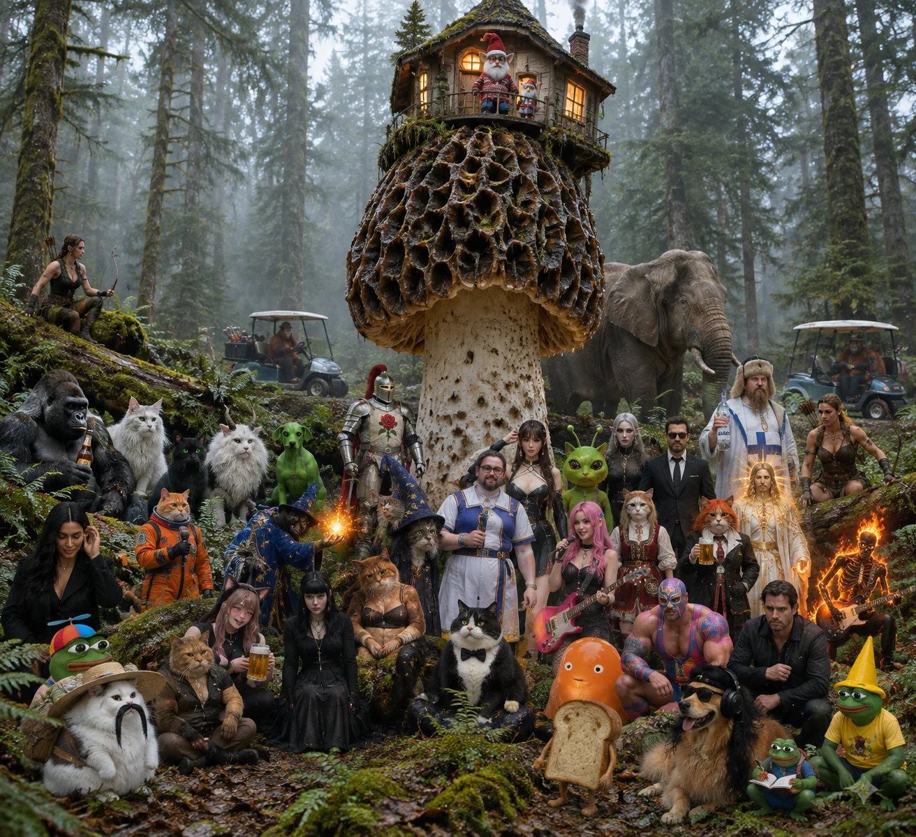 A tiny burned-out mall Santa lives in a house atop the world’s largest stinkhorn, surrounded by an eccentric fantasy crowd in a misty forest clearing.