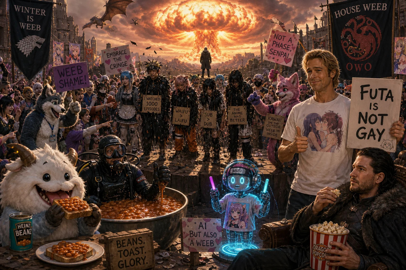 A chaotic medieval-futurist convention plaza features costumed anime fans onstage, flamboyant activists with signs, a bean-eating fantasy creature, a scuba diver in baked beans, and a distant mushroom cloud beneath a dramatic sunset.