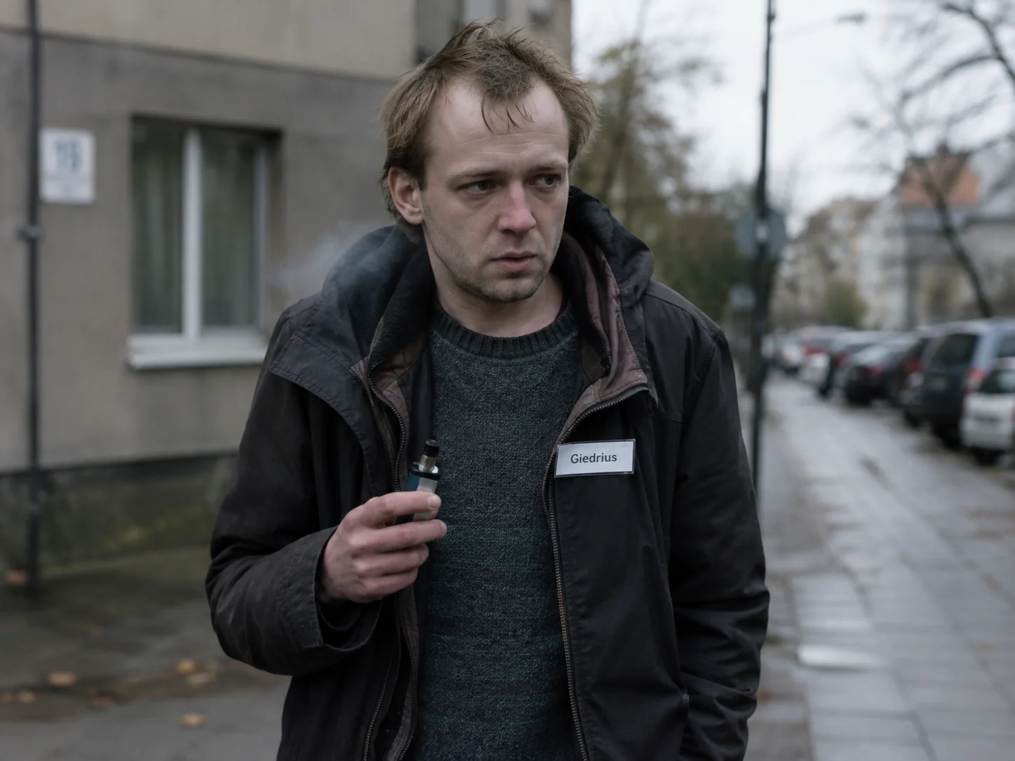 A visibly unwell Lithuanian man named Giedrius vapes while standing on a subdued urban street.