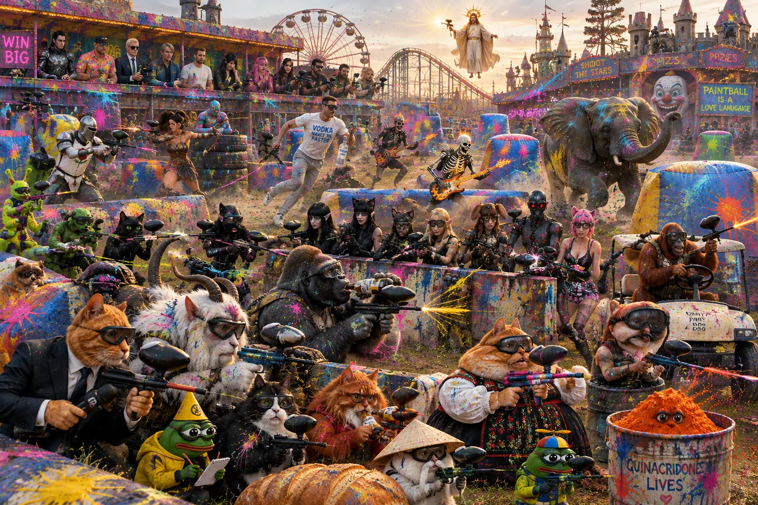 A huge cast of cats, aliens, fantasy figures, musicians, and eccentric characters wage a colorful paintball battle through an abandoned amusement park.