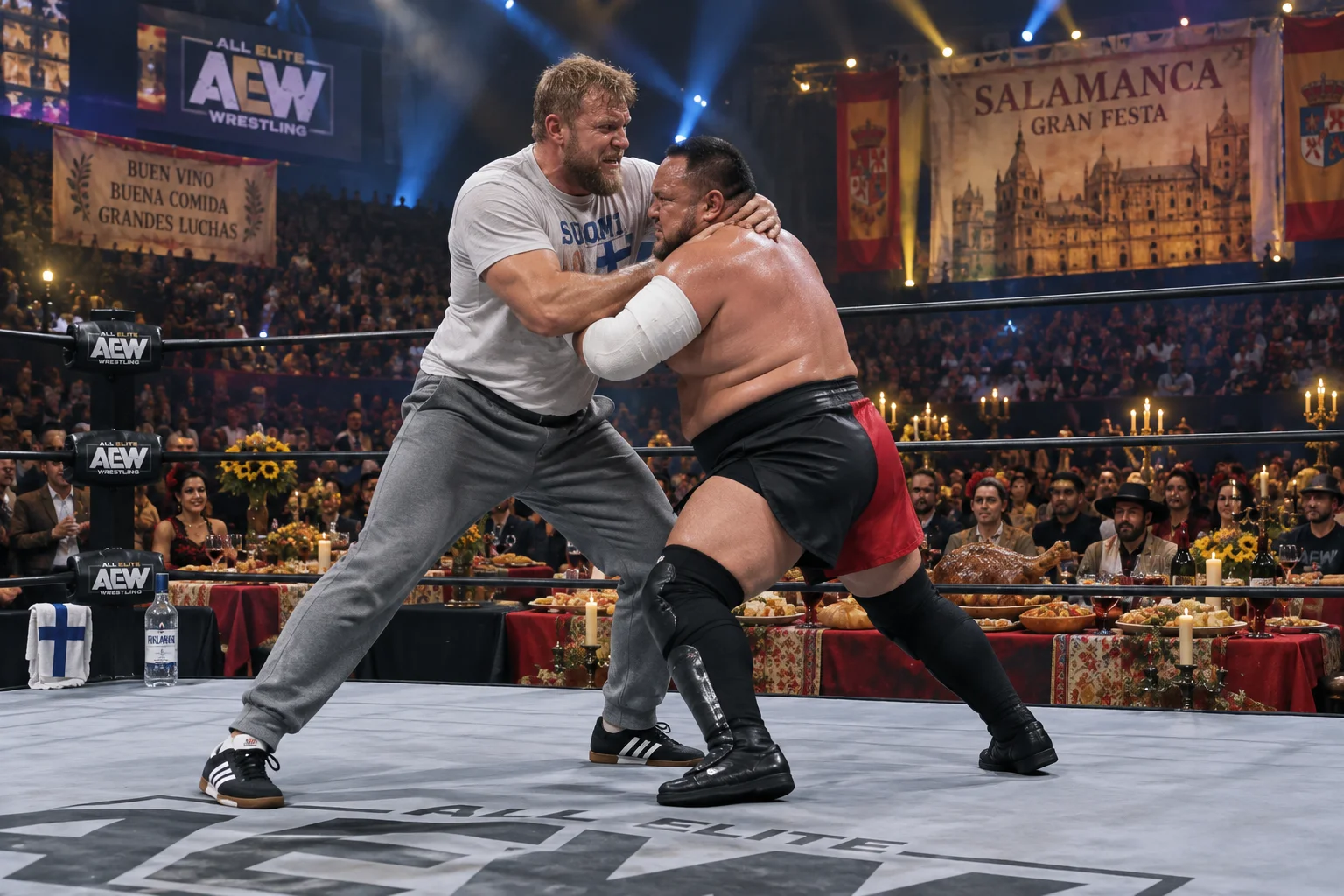 A tall Finnish man wrestles Samoa Joe in an AEW ring while a festive Salamanca Sunday feast fills the ringside area of the crowded arena.