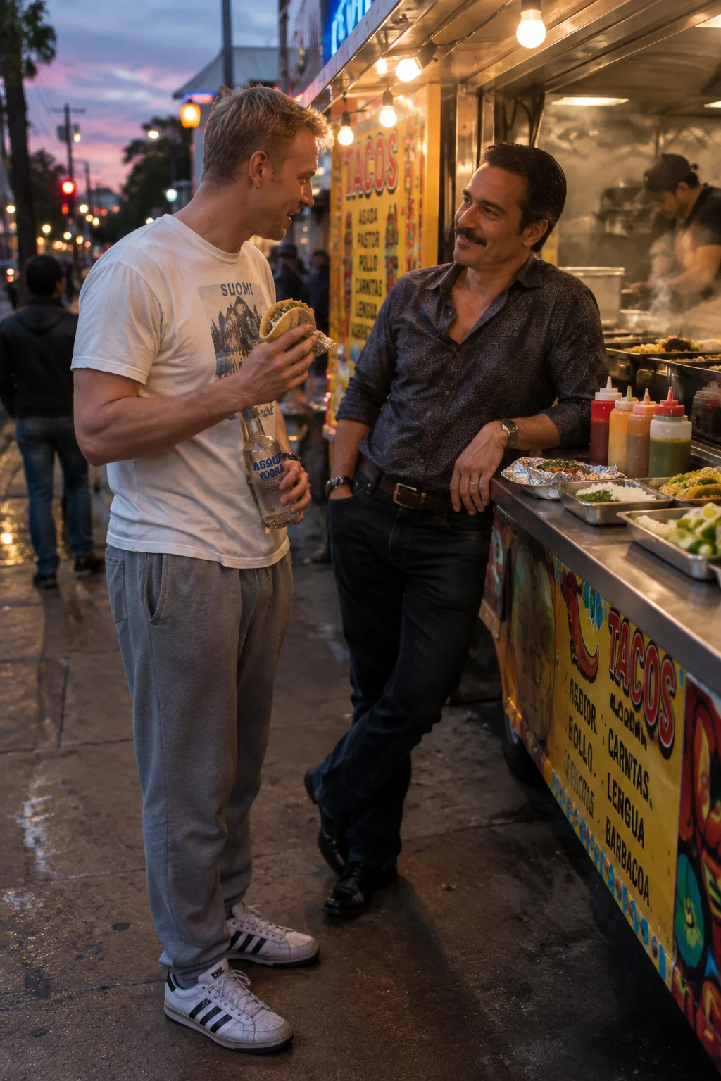 A tall man eats tacos and talks with Lalo Salamanca beside a brightly lit street taco truck at dusk.