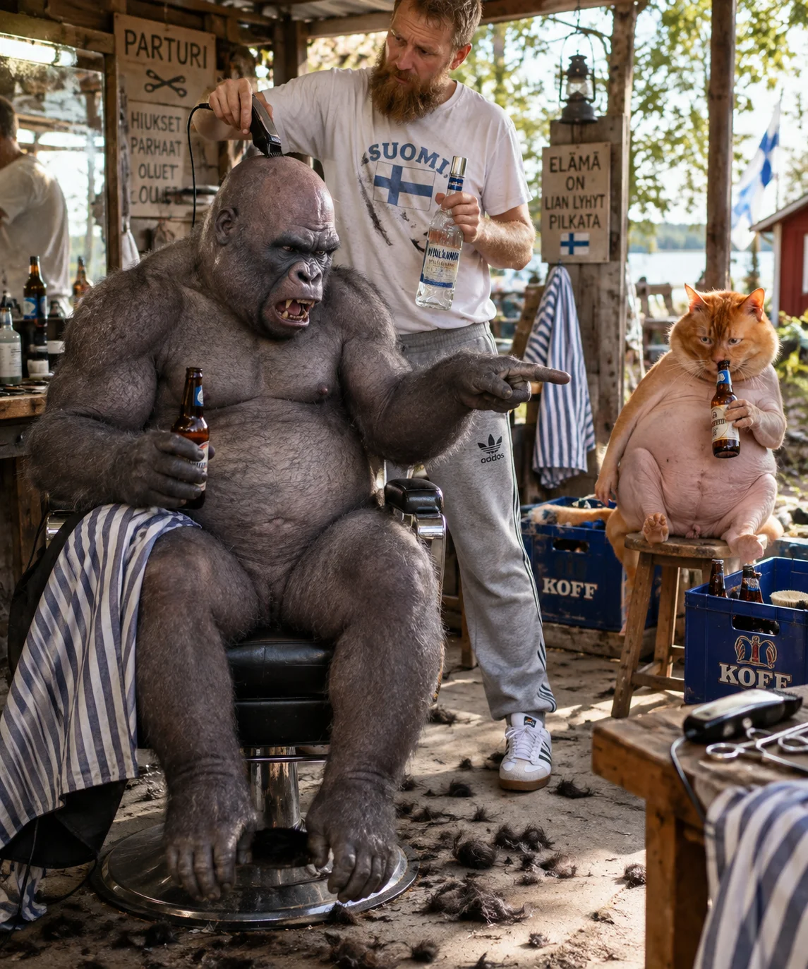 A furious bald silverback gorilla is shaved by a tall man in a rustic barbershop while teasing a hairless red-haired cat nearby.