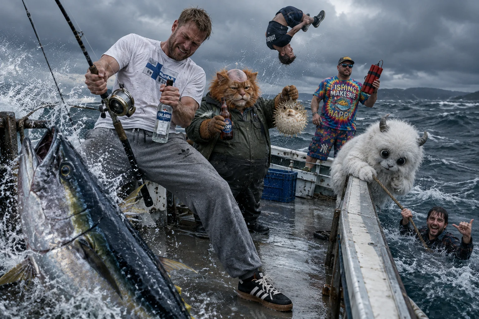 A fisherman battles a tuna on a stormy sea as a bald red-haired cat, horned creature, acrobat, and colorful wrestler crowd the pitching boat.