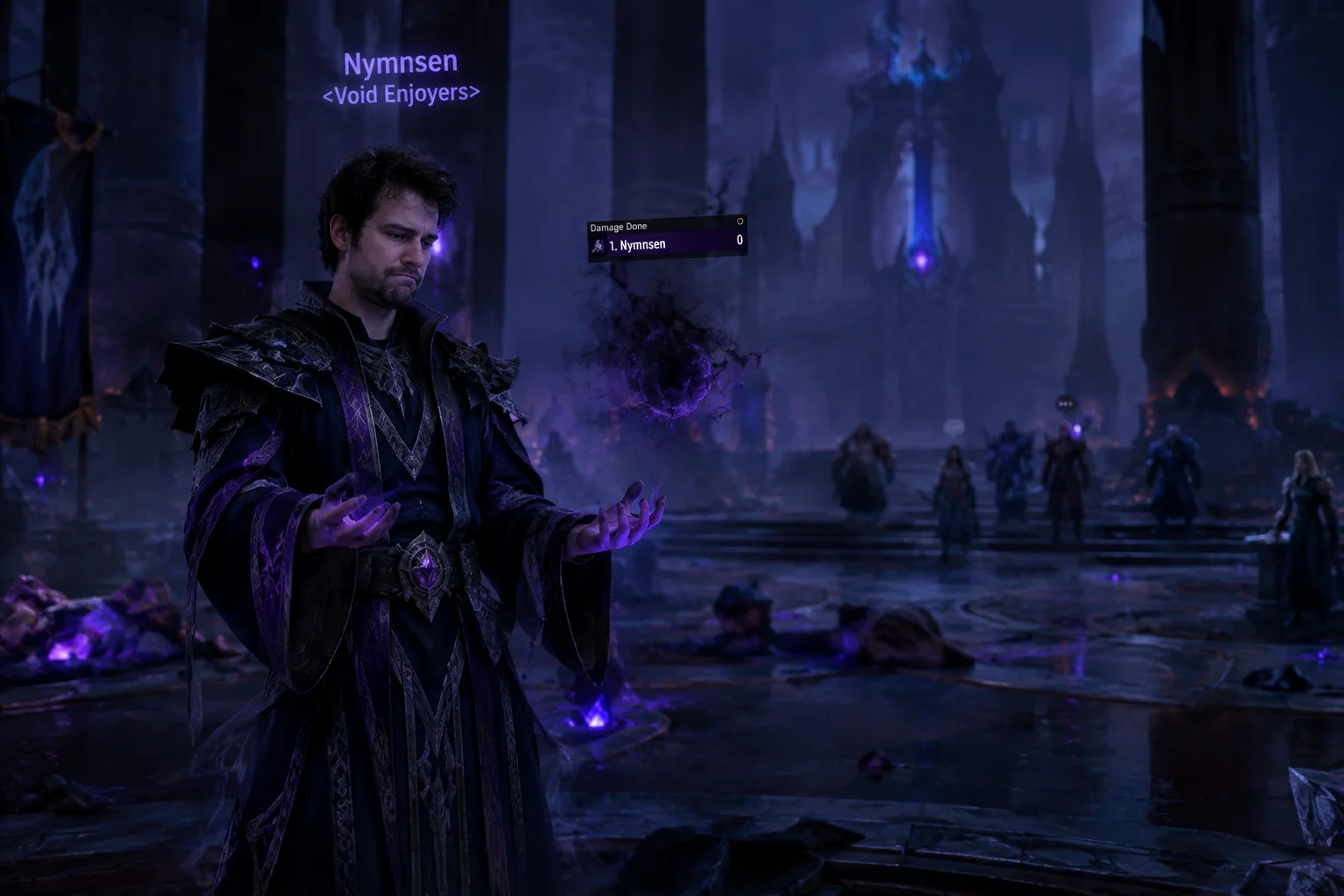 Nymn, portrayed as a shadow priest, stands embarrassed in a dark fantasy raid chamber after producing a visibly empty zero-score spell.