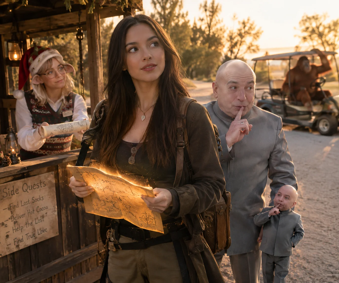 Olivia Rodrigo as the heroic main character receives a side quest from a nerdy mall-girl Santa NPC while her villainous sidekick and a golf-cart-driving orangutan join the roadside adventure.