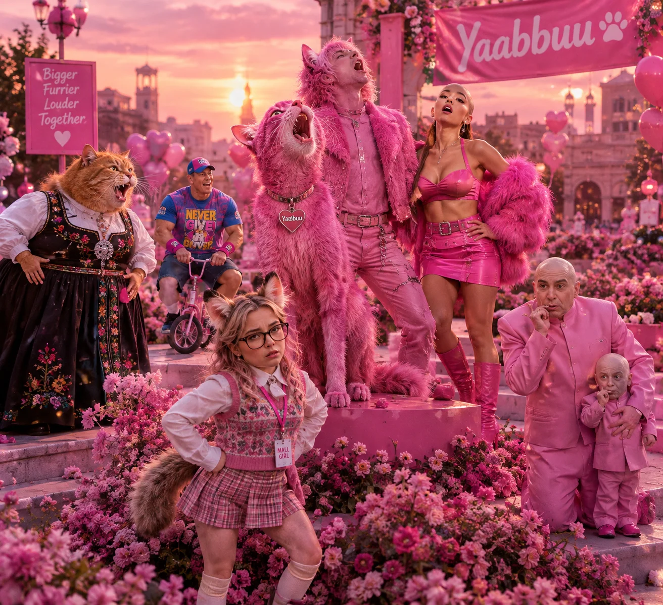 A vivid pink cat howls like a wolf on a stage while its human form and colorful costumed companions gather in a surreal pink plaza at sunset.