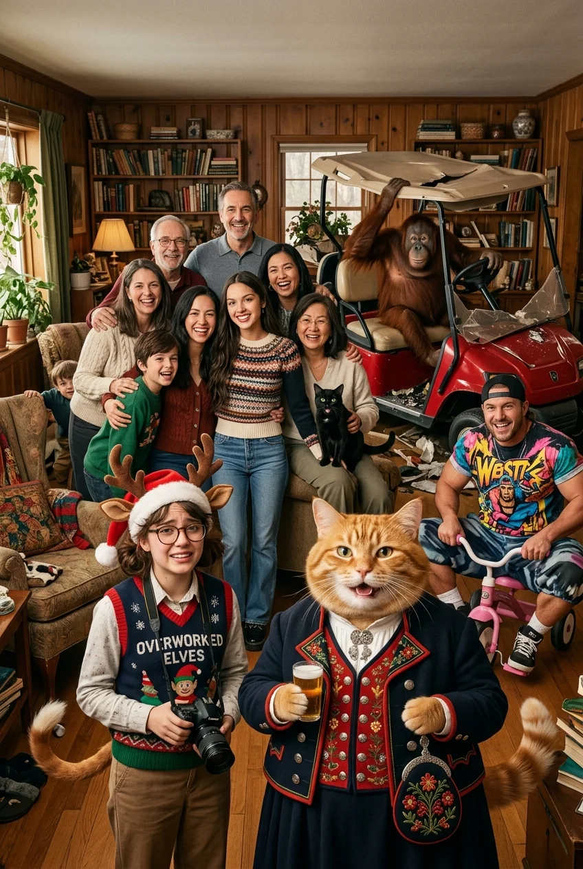 A chaotic family portrait in a cozy living room features an orange cat in a Norwegian bunad, a central celebrity-like woman, a tricycle-riding wrestler, cats, and a wrecked golf cart.