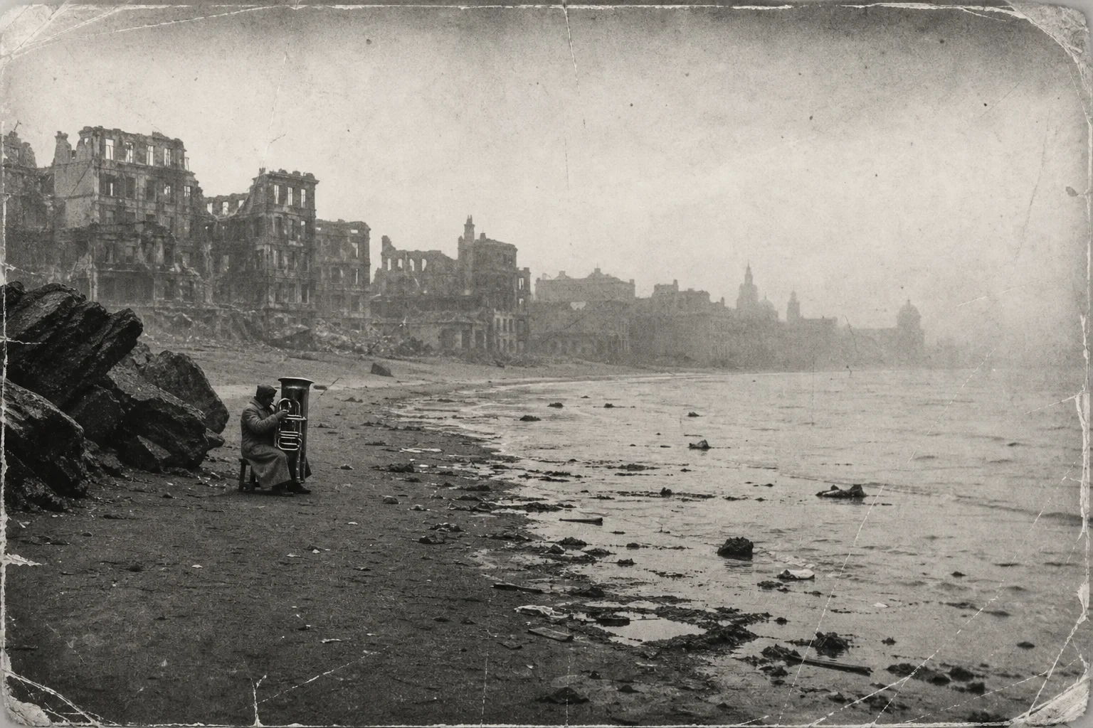 A lone musician in a long coat plays a piano-shaped brass tuba beside jagged rocks on a bleak, polluted beach, with misty bomb-damaged buildings and debris behind them.