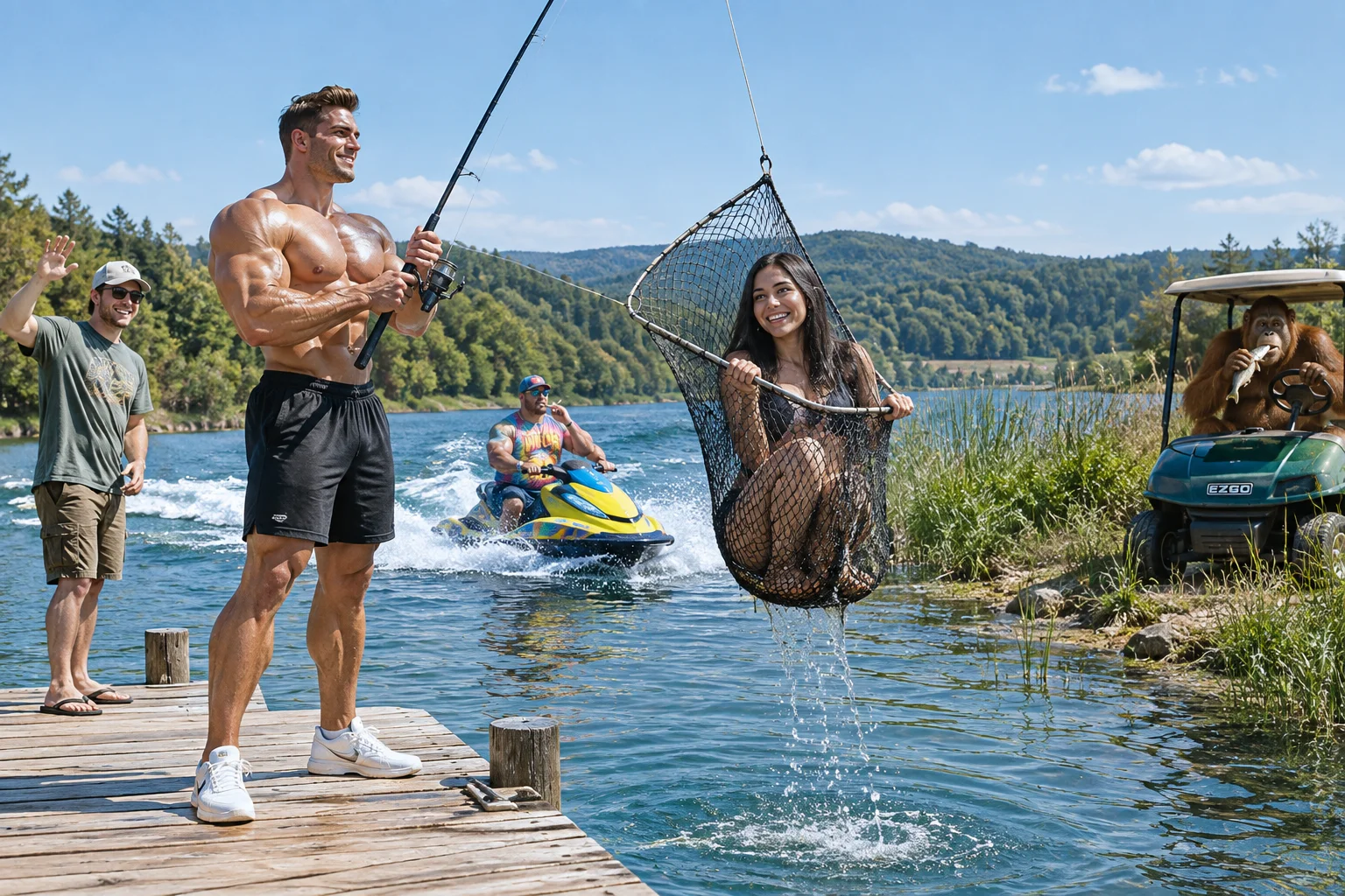 A towering fisherman proudly reels in a delighted woman on a lake while a smoking jetski rider and fish-eating orangutan create comic lakeside chaos.