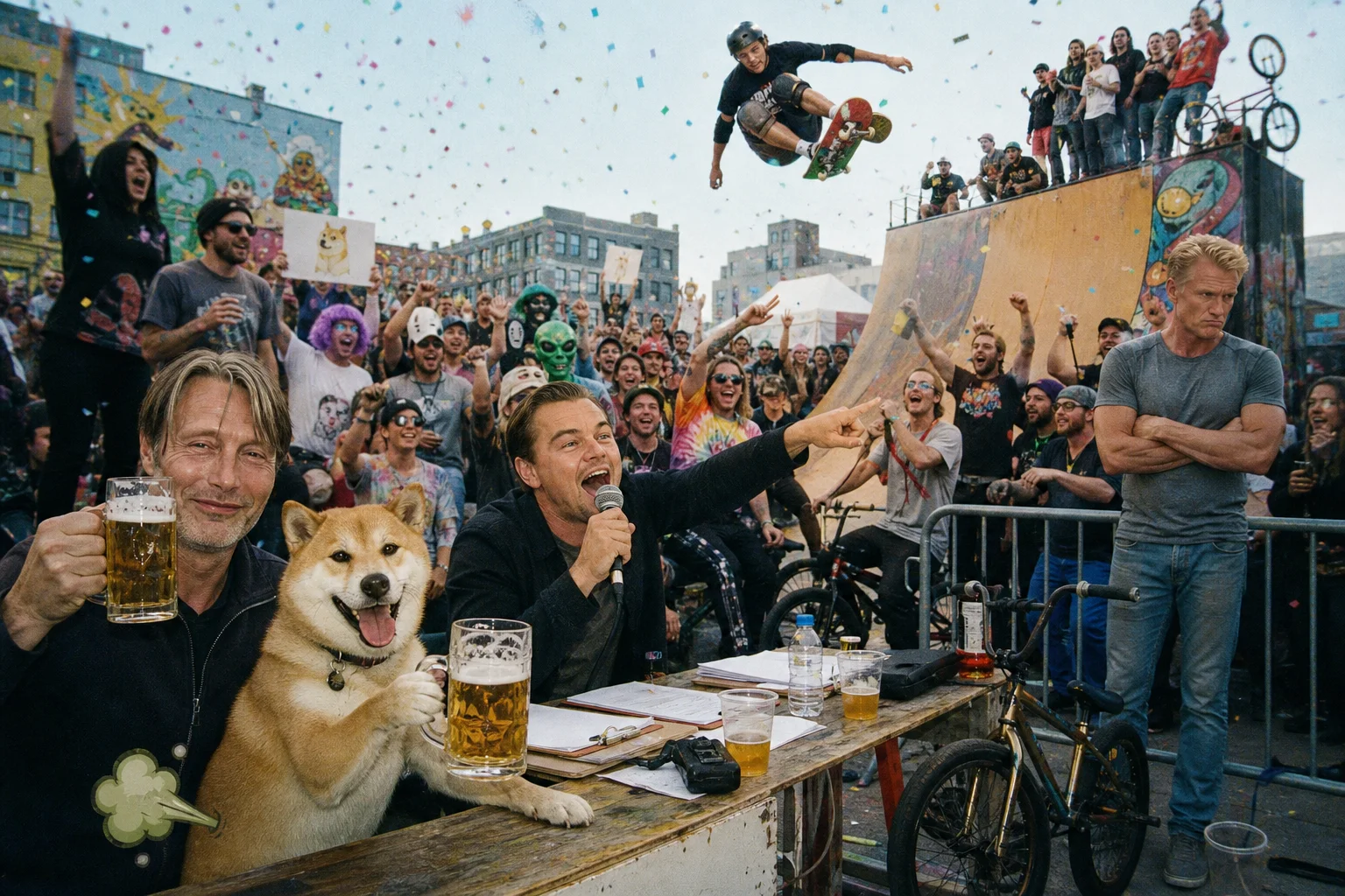A lively urban skateboarding festival shows a smiling man and happy dog raising beer mugs, a skateboarder soaring above a colorful half-pipe, cheering crowds, confetti, street art, and a comically forlorn spectator behind a barrier.