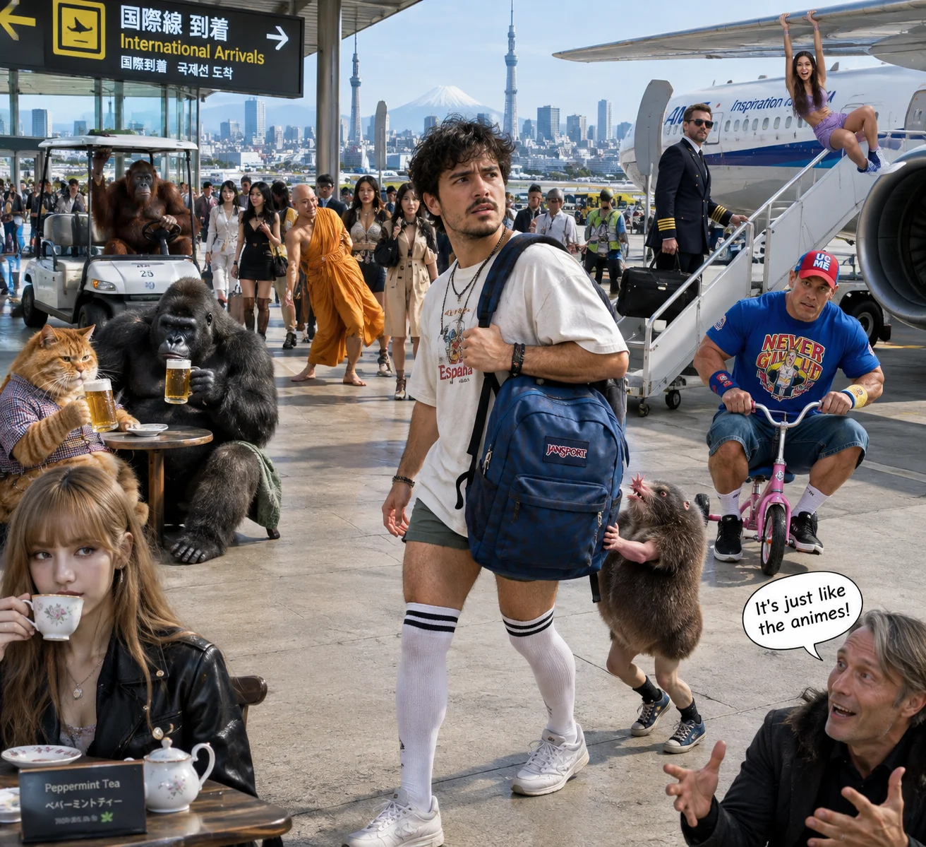 A Spanish traveler in high-thigh socks carries a Jansport backpack through a Japanese airport as bizarre passengers, a plane, a golf cart, and a pink tricycle create a surreal travel scene.