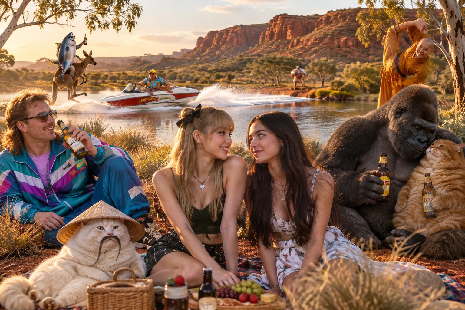 A couple enjoys a romantic picnic date at an Australian Outback billabong while eccentric animal and human guests surround them, including a kangaroo rider and a speeding boat.
