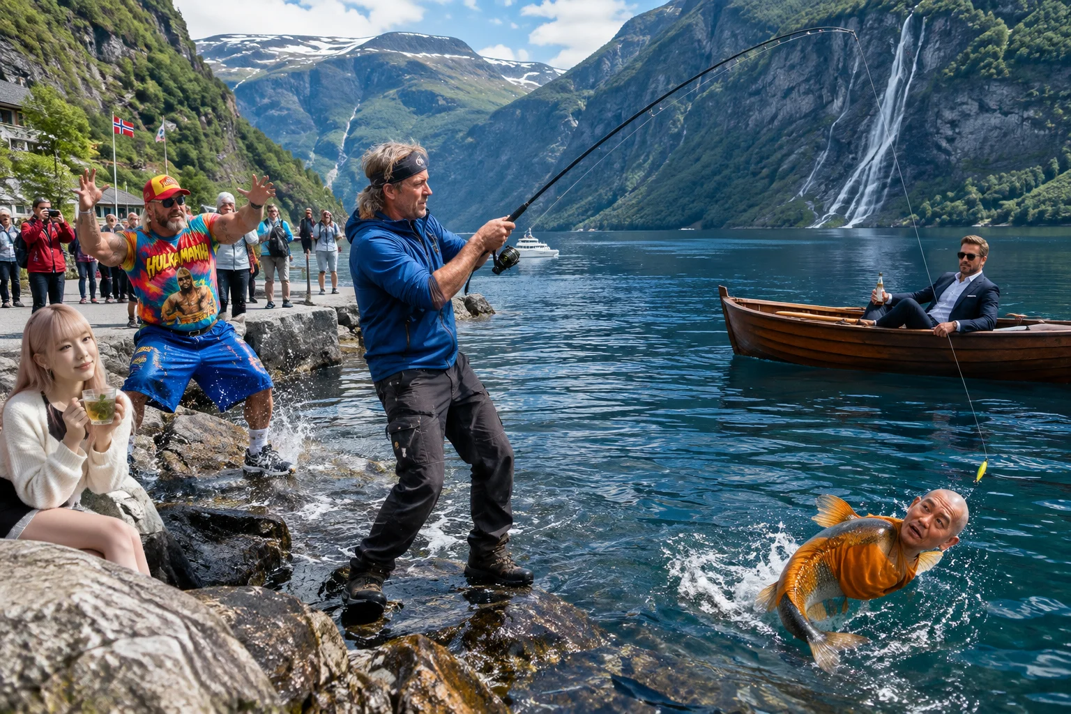 Lars Monsen fishes in Geirangerfjord as a colorful wrestler scares the fish, tourists watch, and companions relax with peppermint tea and beer among Norway’s dramatic cliffs.