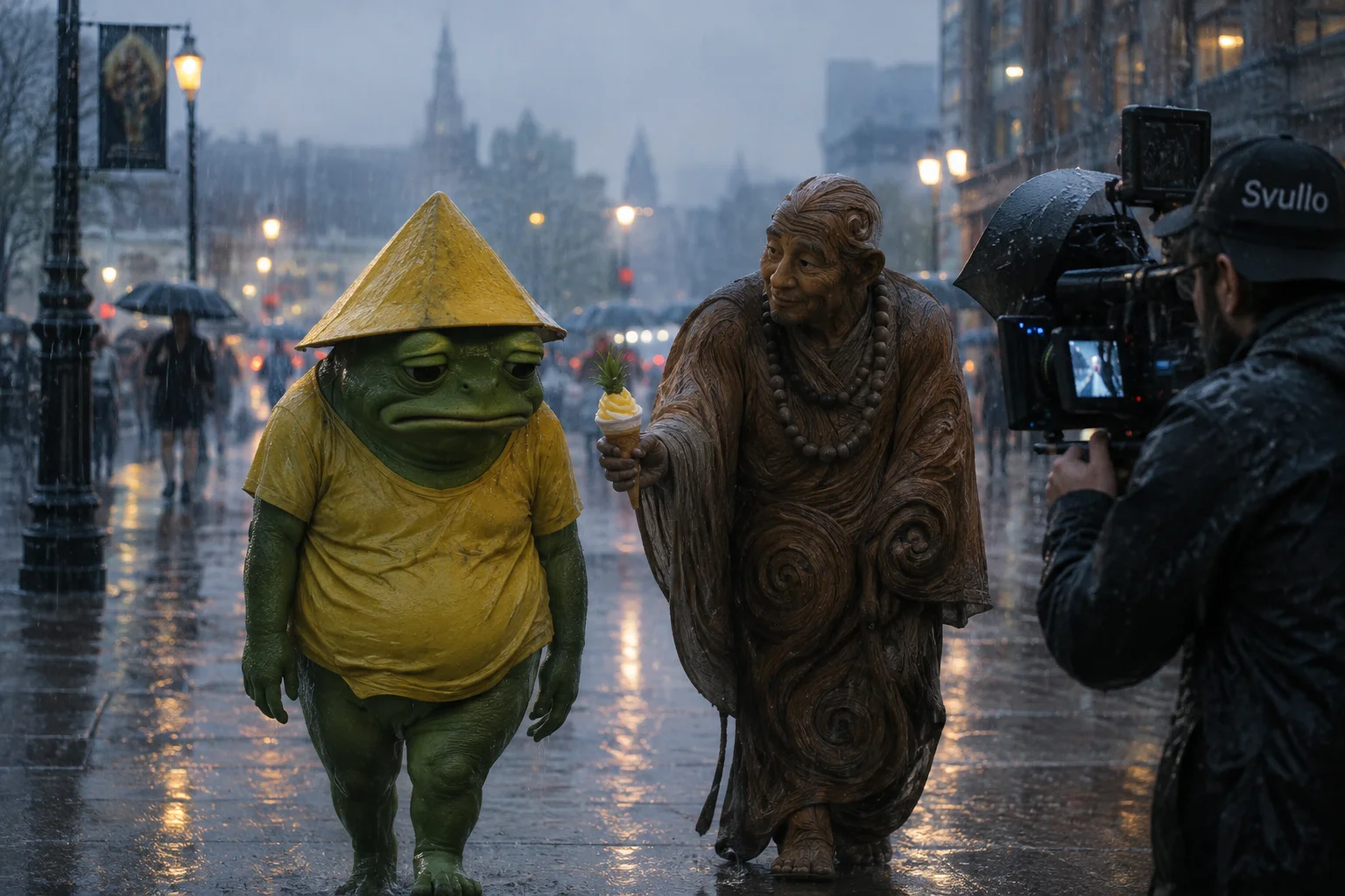 A sad green frog in a yellow hat walks through a rainy city street while a monk offers pineapple ice cream and a nearby filmmaker records the scene.