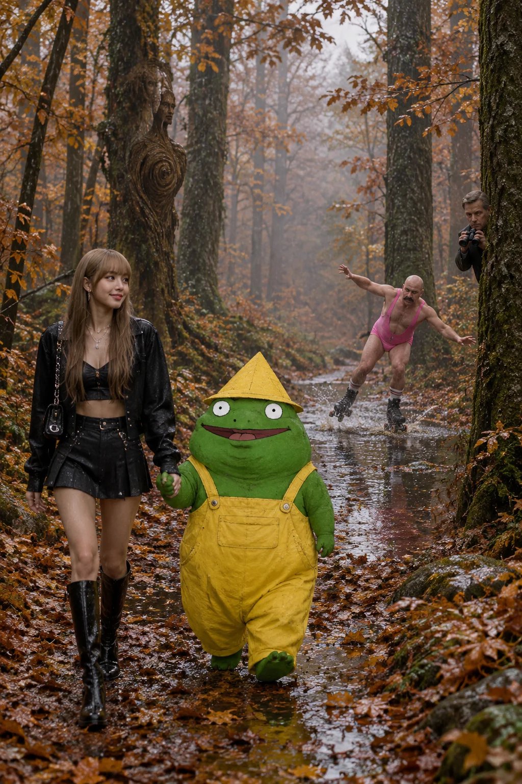 Yaabbuu and a goofy green frog walk hand in hand through a rainy autumn forest while a skater nearly falls, a tree-form monk blends in, and a binocular observer hides nearby.