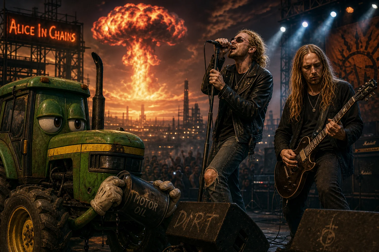 At dusk on a smoky industrial stage, two grunge musicians perform while a whimsical green-and-yellow tractor sips motor oil in the foreground and an orange nuclear mushroom cloud glows on the horizon.