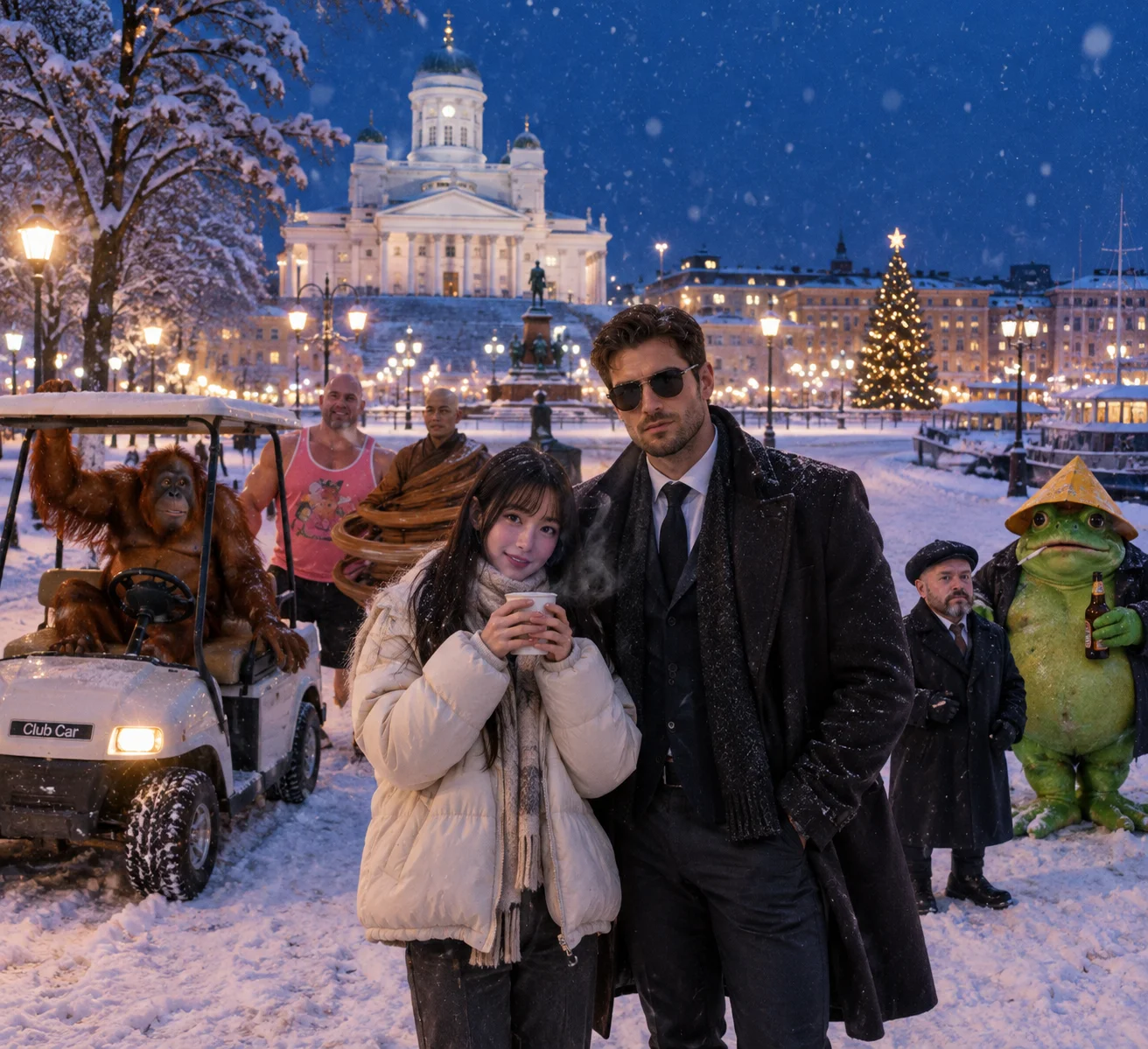 A bundled woman drinks peppermint tea beside a dapper man while a colorful group gathers on a snow-covered Helsinki street under a beautiful winter night sky.