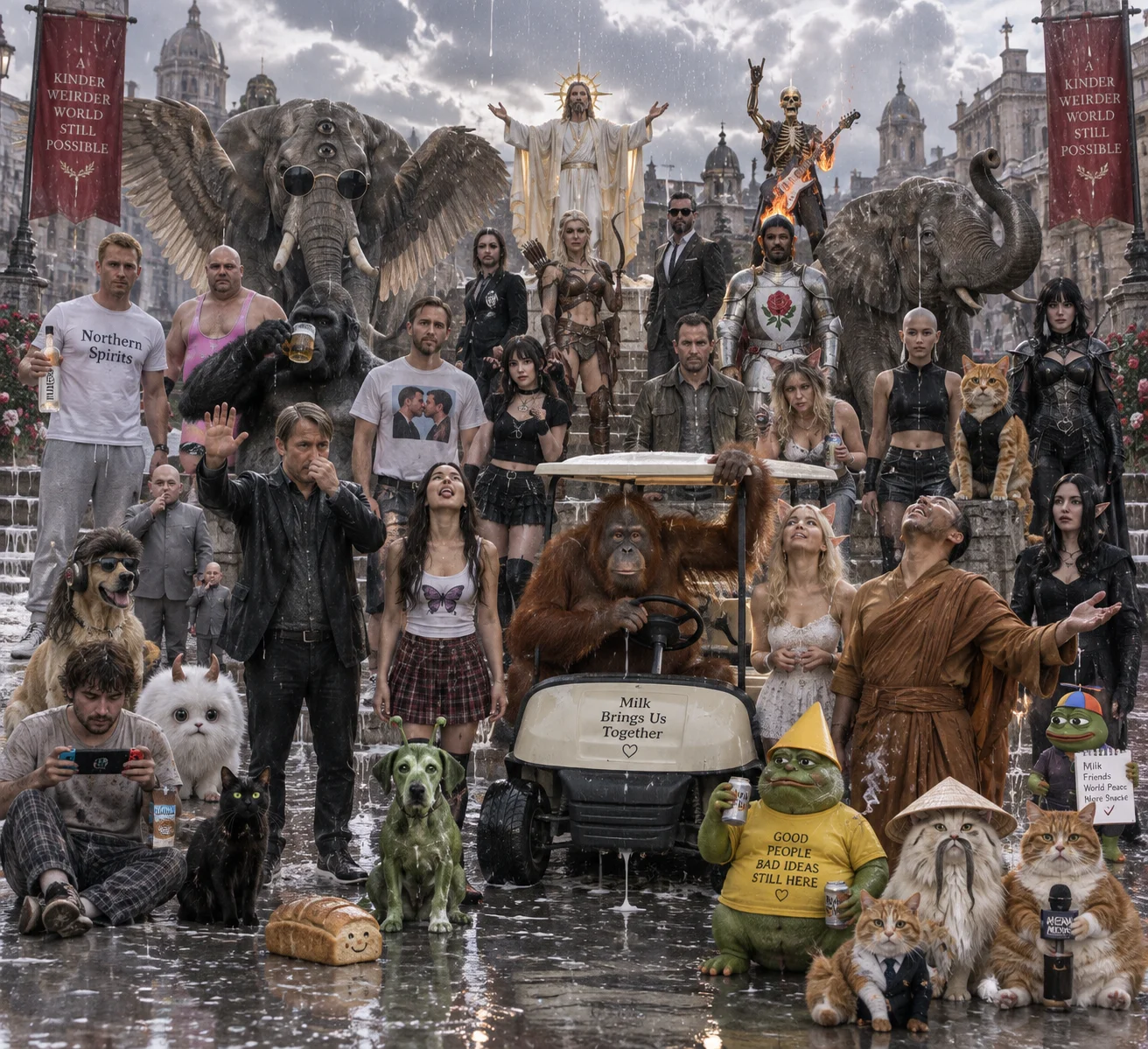 A huge ensemble of distinctive humans, animals, and fantastical figures gathers for a surreal outdoor portrait as milk rains from the sky, with an orangutan driving a golf cart and a short man waving.