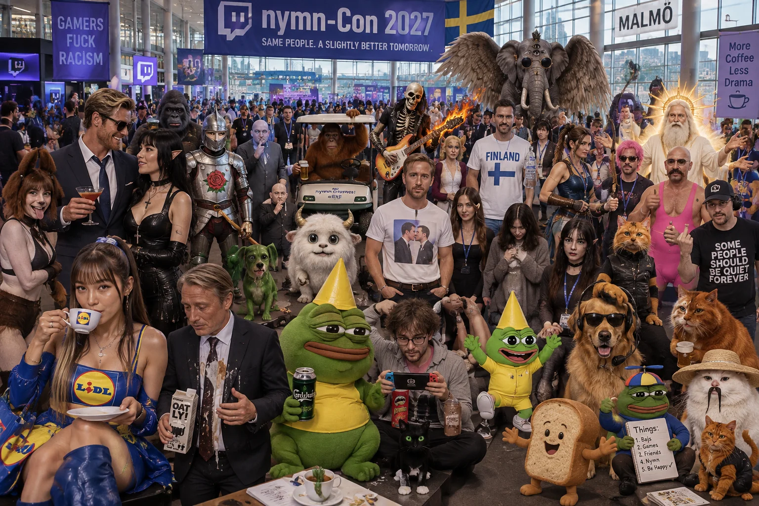 A bustling 2027 convention in Malmö features a tea-drinking pop star, a soy-milk-splashed attendee, mischievous drink thief, gaming snacker, and a fantastical crowd of colorful guests.