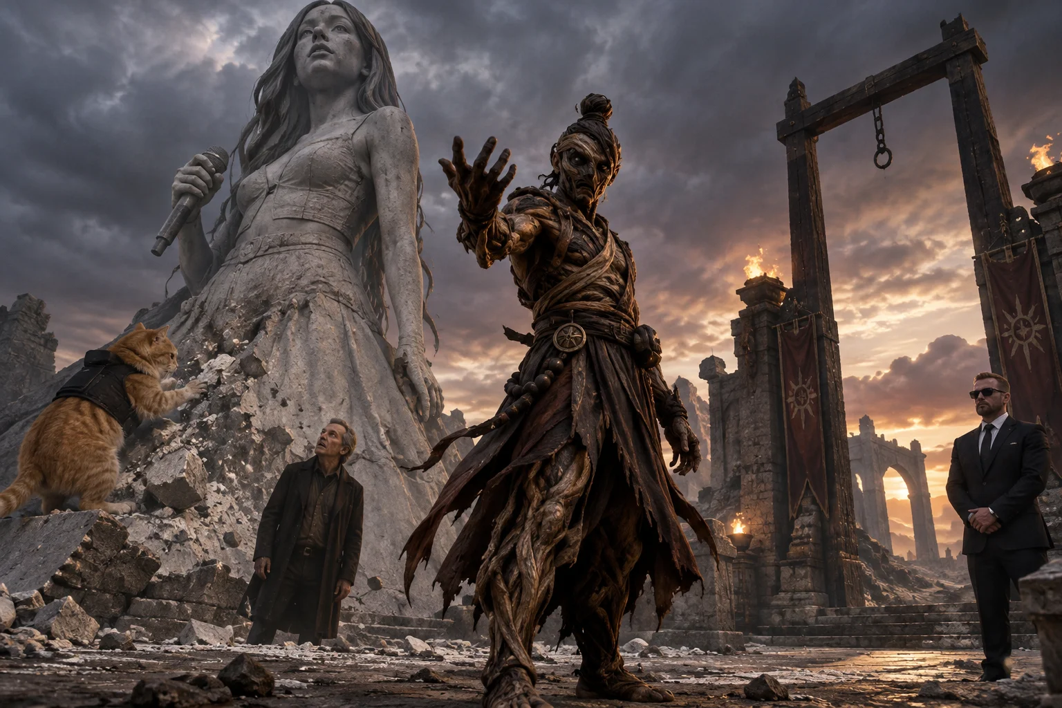 A swirling wooden monk final boss challenges viewers in a twilight fantasy arena while a giant Olivia Rodrigo statue is destroyed by an orange cat beneath a monumental gate.