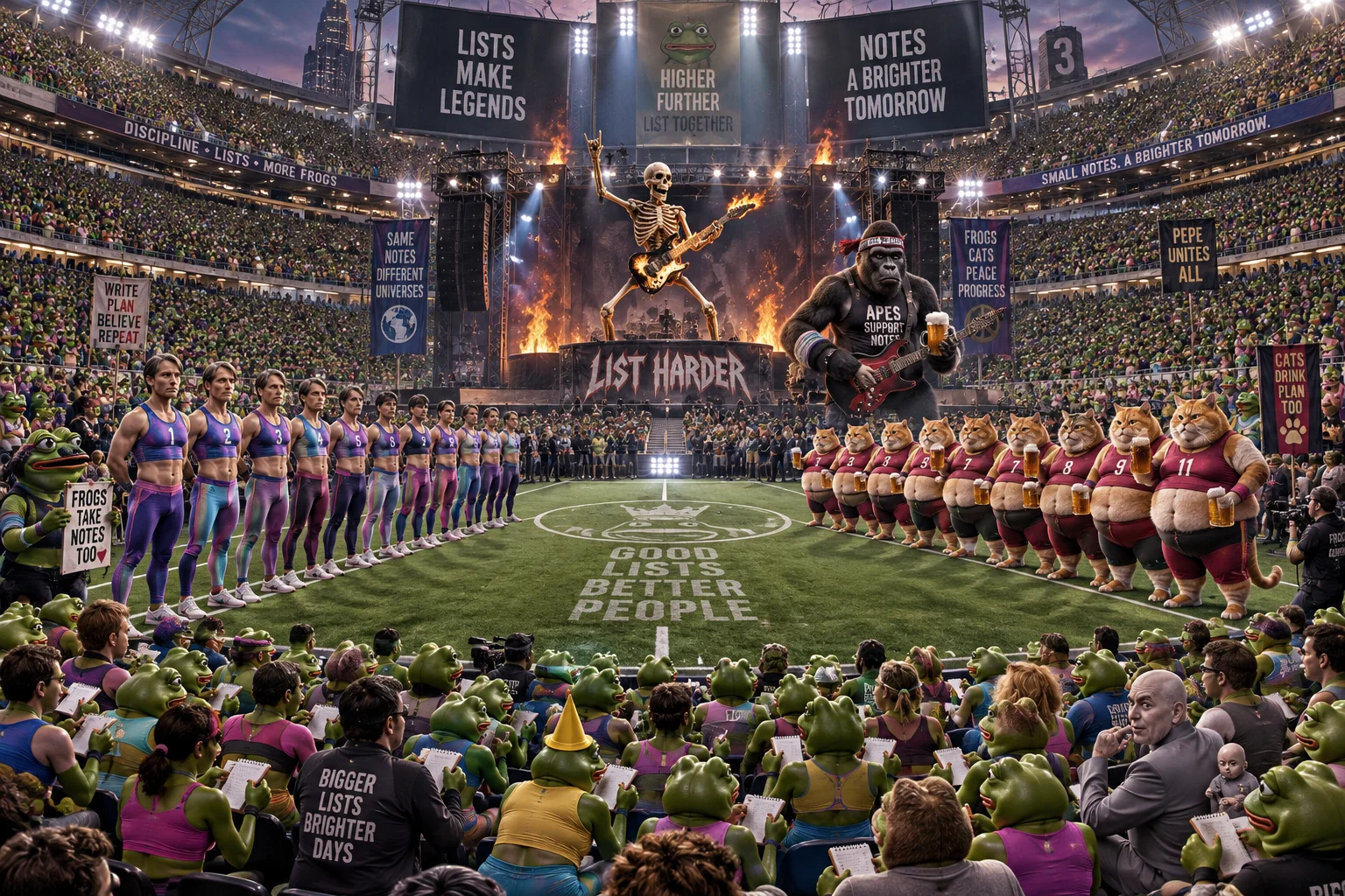 A colossal stadium packed with note-taking frogs surrounds a showdown between tiny Mads Mikkelsens and beer-sipping red cats, while a skeleton and silverback gorilla perform electric guitar onstage.