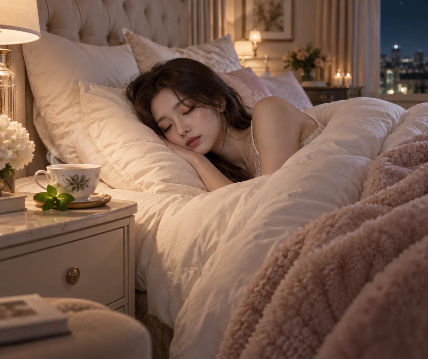 A sleepy adult woman rests in a luxurious fluffy bed in a beautiful home, with steaming peppermint tea on the bedside cupboard.