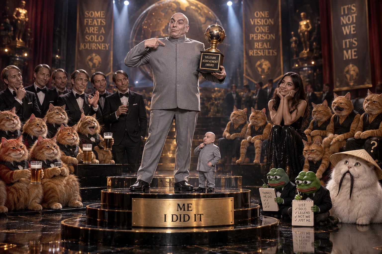 A triumphant Dr. Evil-like figure points to himself on a spotlighted podium while a surreal crowd of cats, frogs, short men, and celebrities watches his solo victory.
