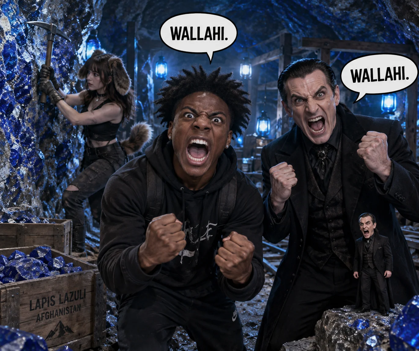 An angry streamer and a suited villain shout “WALLAHI” in a glowing lapis mine while a goth puppygirl mines in the background.