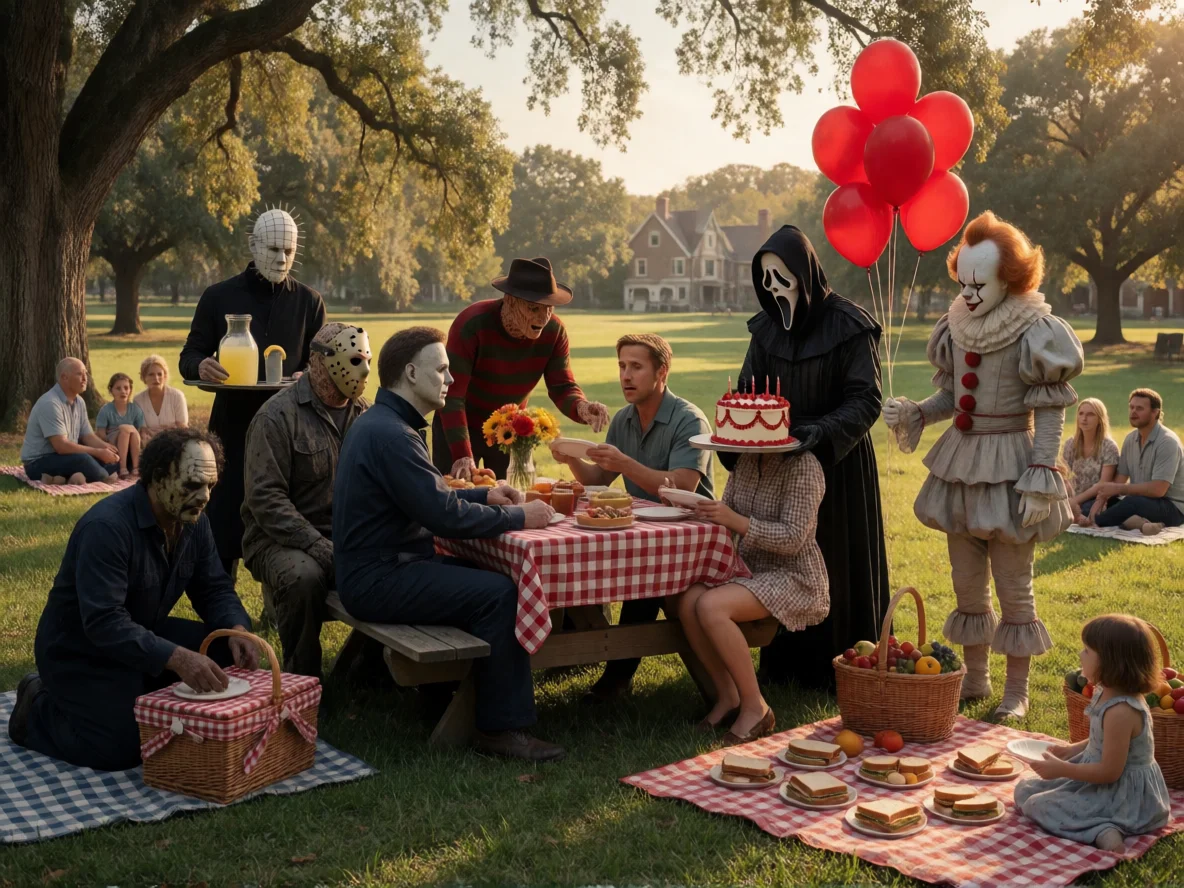 Iconic masked horror villains gather for a surreal, darkly humorous picnic in a sunlit park while a bewildered guest holds a paper plate amid lemonade, cake, balloons, and nervous onlookers.