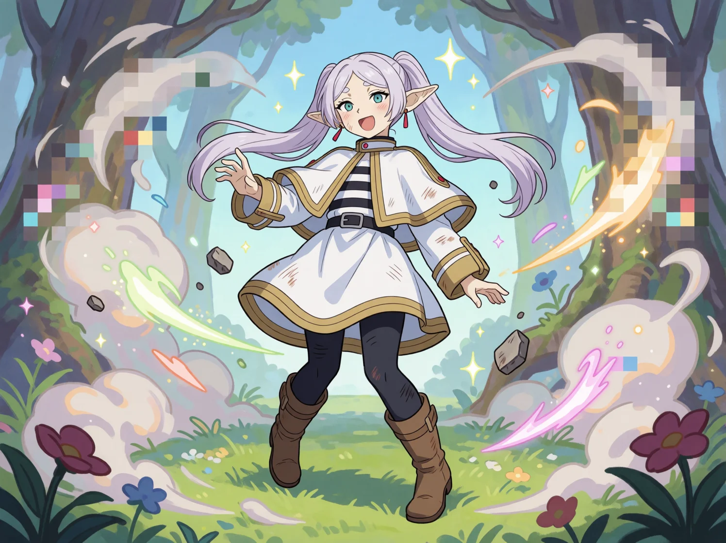 Frieren stands battle-worn and embarrassed amid swirling smoke, sparkles, and scattered magical effects in a whimsical enchanted forest clearing, surrounded by goofy censor bars and comic-style chaos.