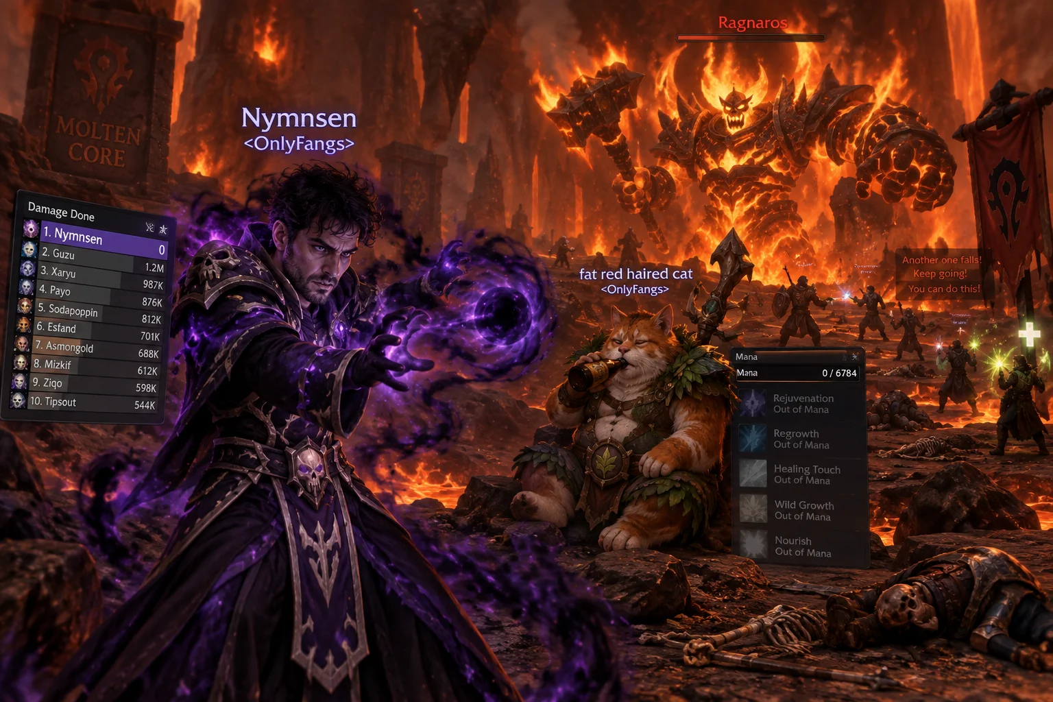 Nymnsen the shadow priest battles through Molten Core while Roppie’s beer-sipping resto druid runs out of mana beside a disastrous parse of zero.