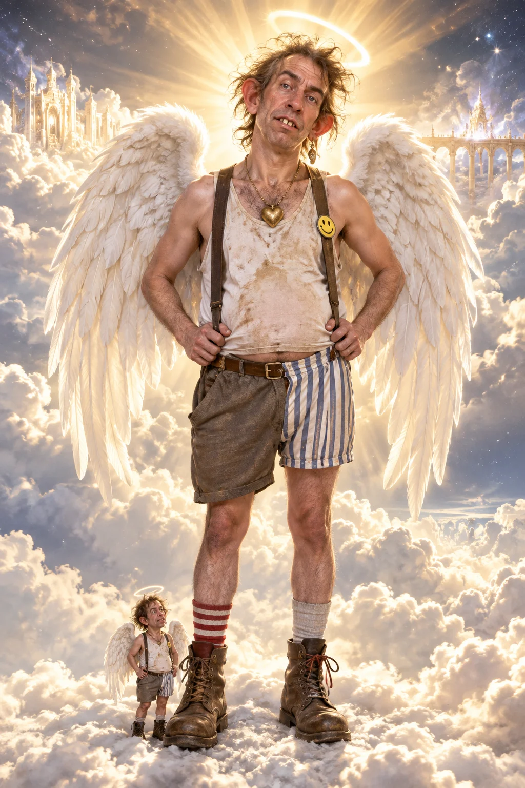 A comically unattractive human angel with enormous wings and a tiny duplicate companion stands proudly among glowing celestial clouds.