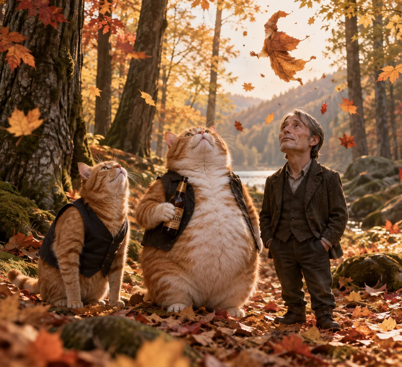 An orange cat, red-haired cat, and short man look up in a sunlit autumn forest as colorful leaves fall, including a whimsical swirling monk-shaped leaf.