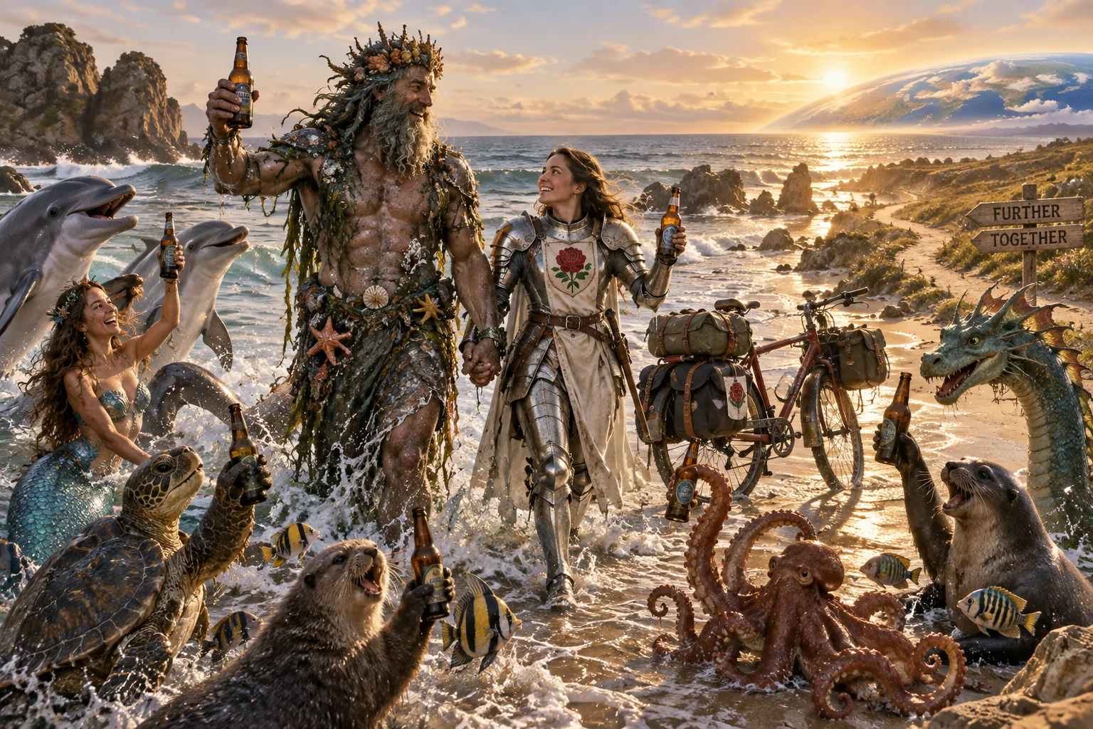 A seawater Ocean Man leads a white knight onto a sunlit shore, toasting with mythic sea creatures beside a bicycle and a globe-like horizon.