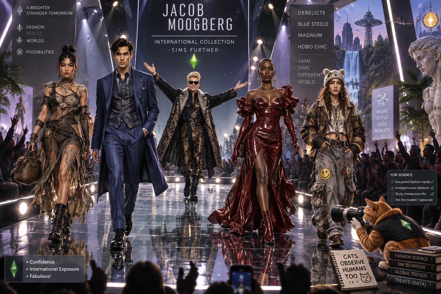 Jacob Moogberg directs a modded fashion runway while international models show varied couture looks and a badly postured orange cat photographs the event for science.