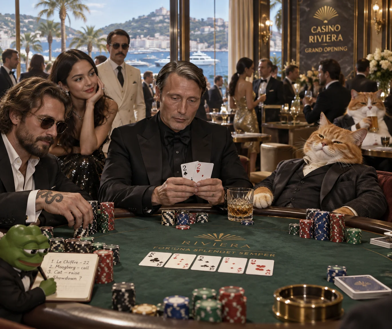 A tense Riviera casino poker game shows Le Chiffre holding a pair of twos against a smug orange cat, while a tattooed player joins in and spectators react around the table.