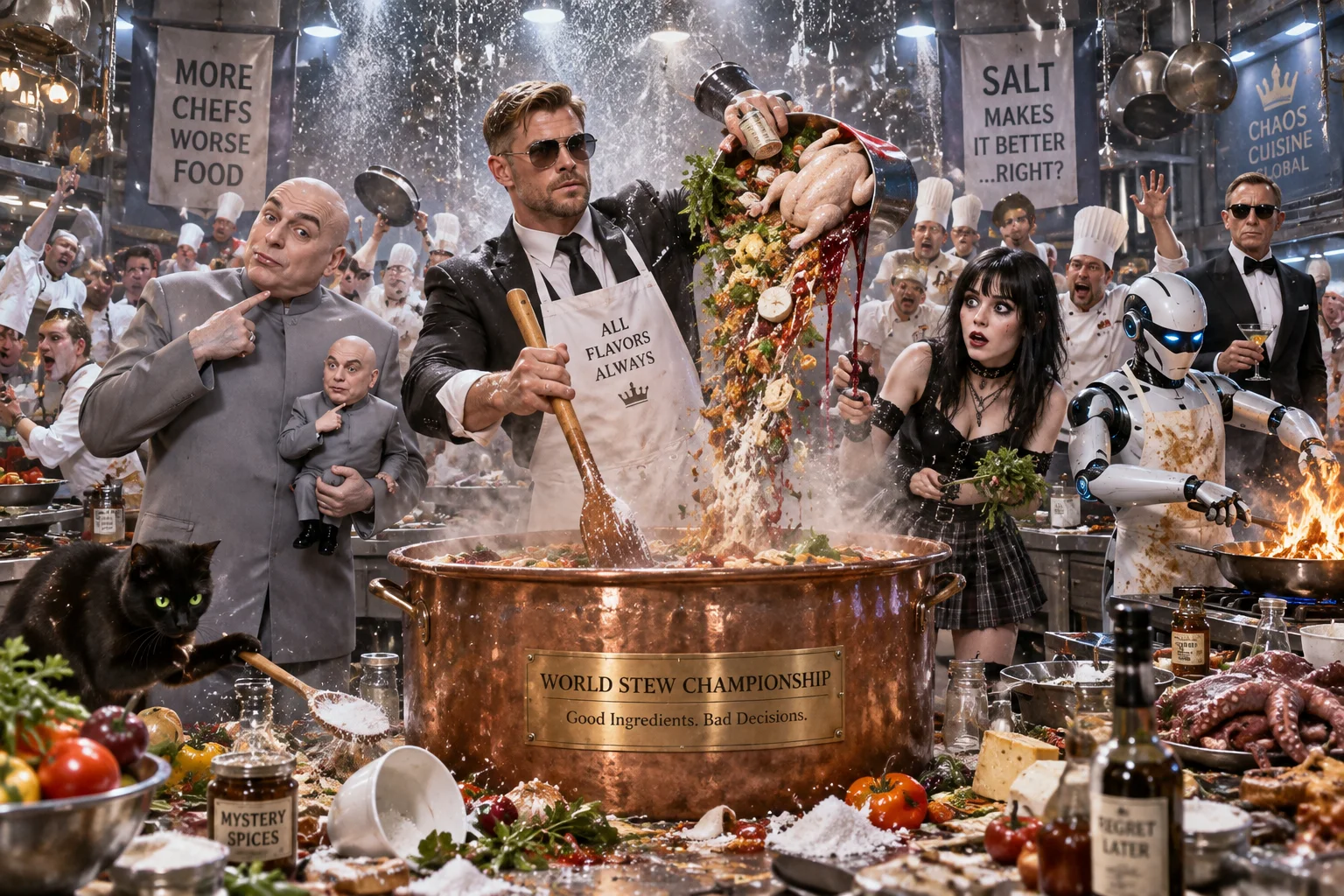 An overcrowded kitchen of incompetent chefs prepares a chaotic stew as salt rains from the ceiling, with a smug chef, goth helper, black cat, robot, and wandering secret agent.