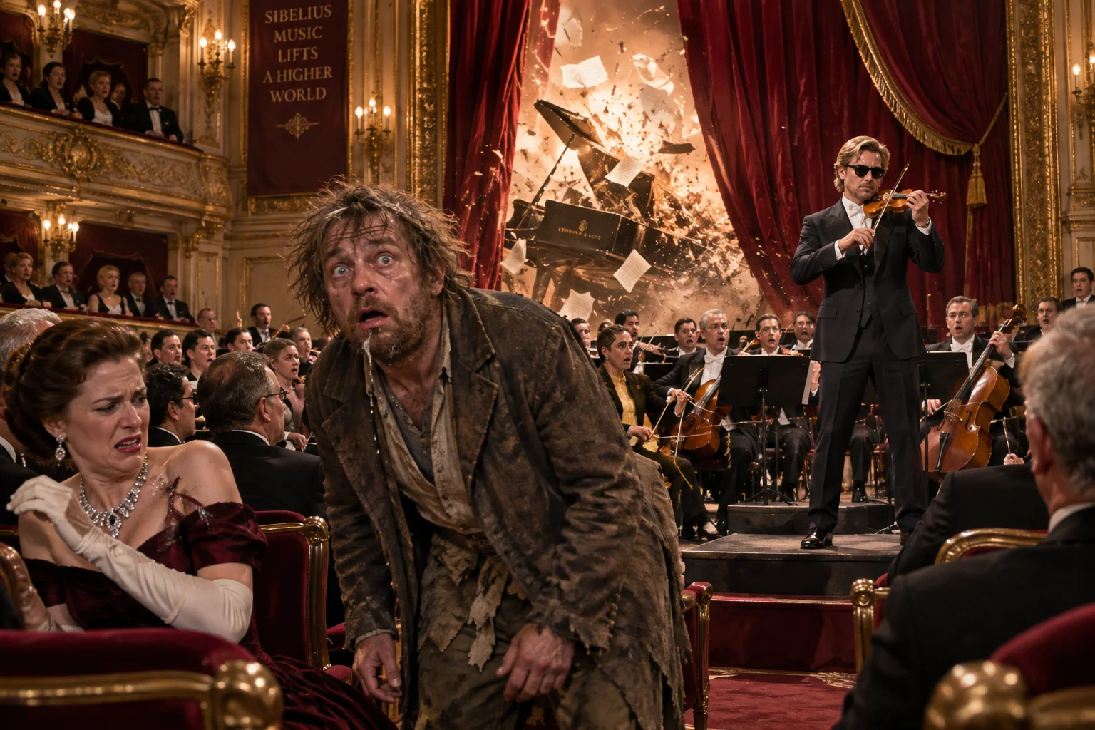 A bewildered outsider stumbles into a Sibelius concert, drooling on a disgusted lady as a sunglassed violinist plays a tiny violin and a piano explodes behind the curtains.