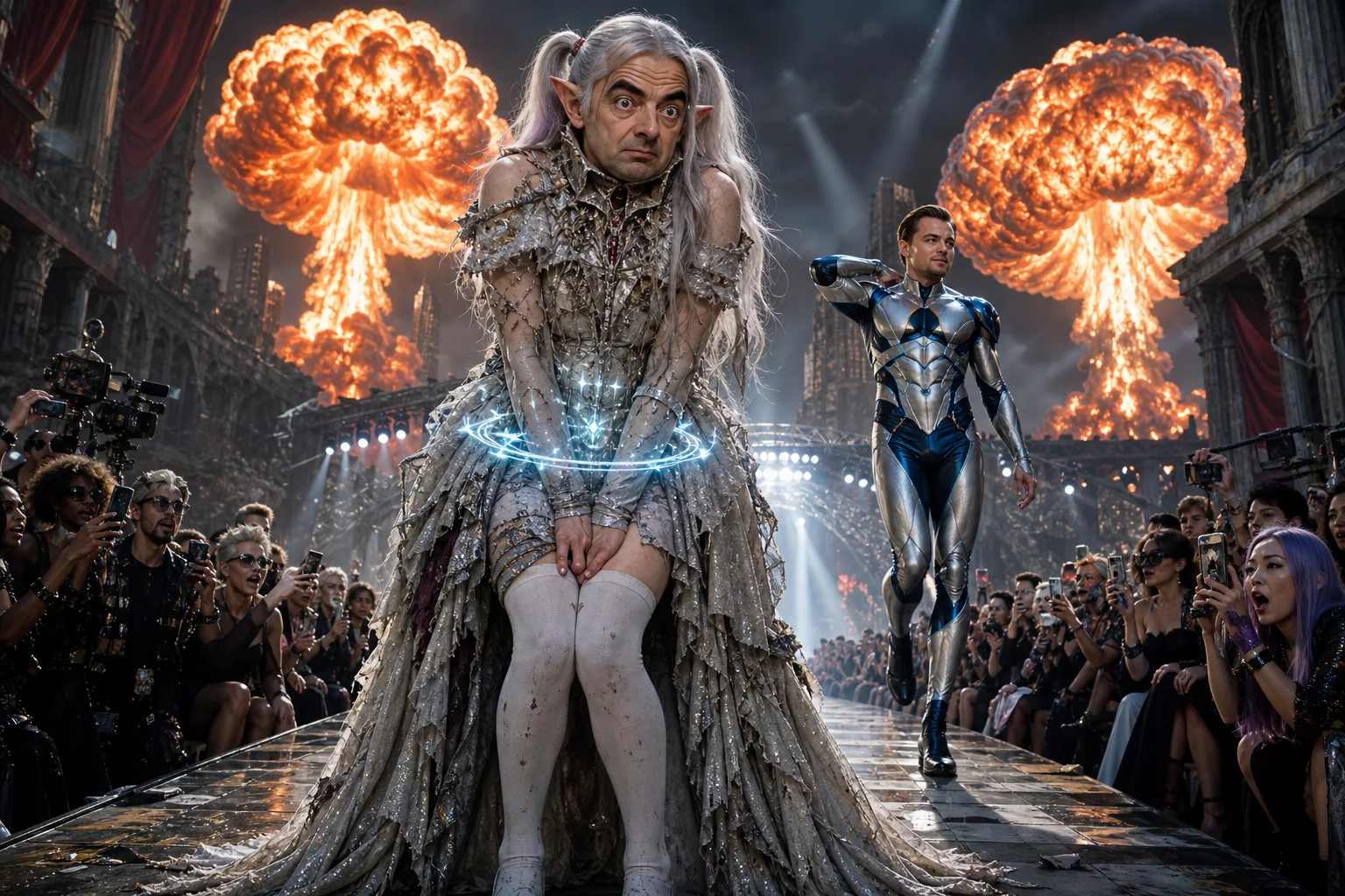 A fantastically dressed mage struggles to stay composed on a post-apocalyptic runway as an armored superhero strikes a pose, while mushroom-cloud explosions, smoke, ruins, and astonished livestreamers fill the cinematic scene.