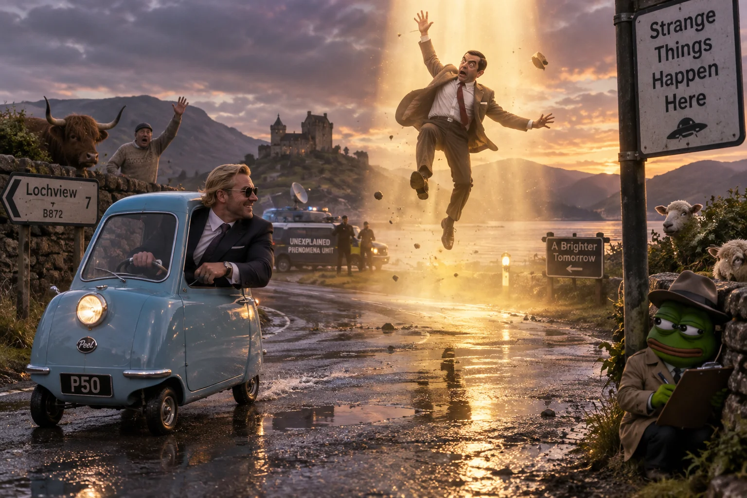 A Mr. Bean-like man falls into a glowing beam of light as a tiny note-taking frog tails him and a dapper driver passes in a baby-blue three-wheeled car on a dusky road.