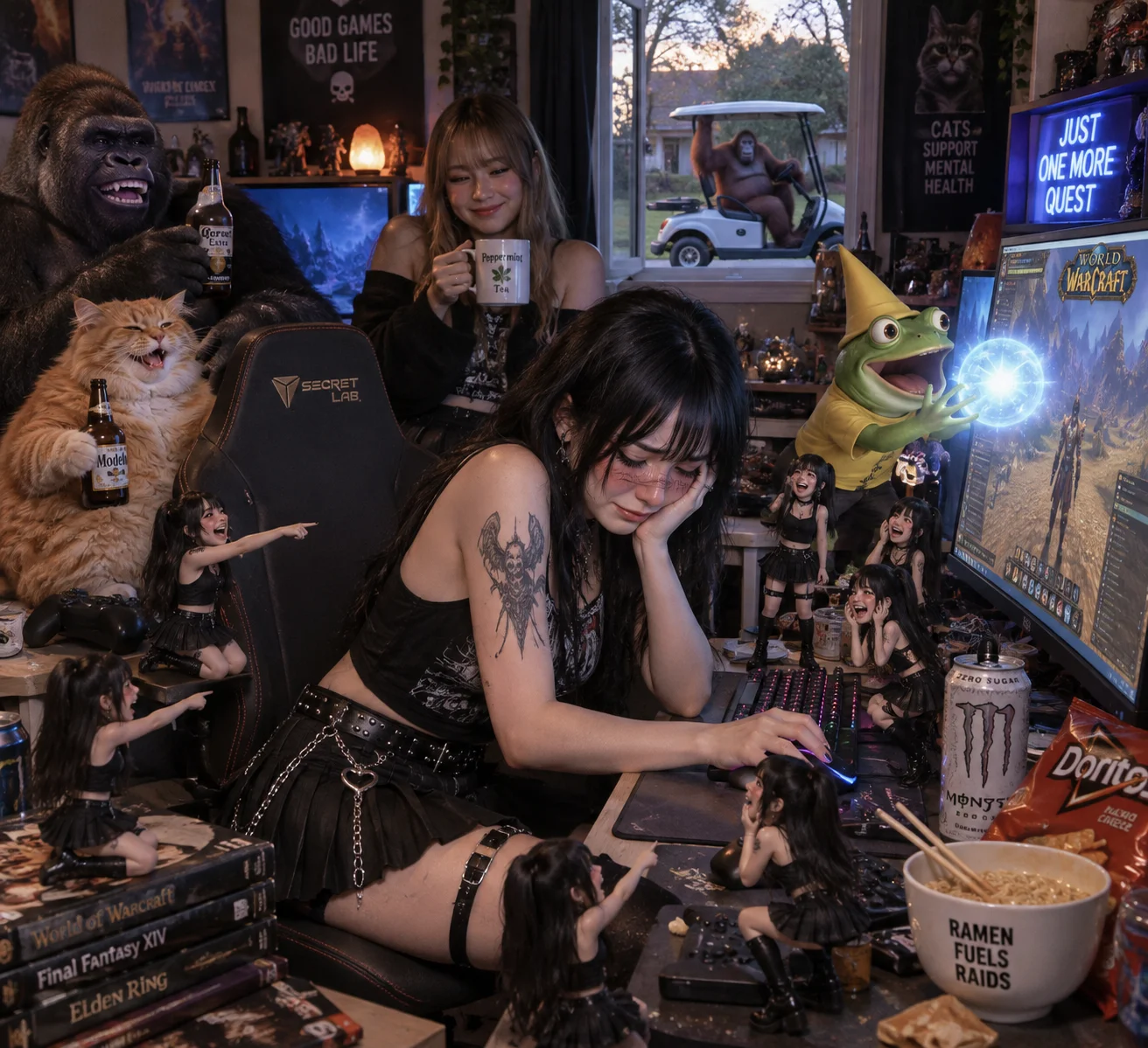 A goth gamer plays World of Warcraft while tiny copies laugh, friends watch with tea and beer, and an orangutan drives a golf cart past the gaming room.