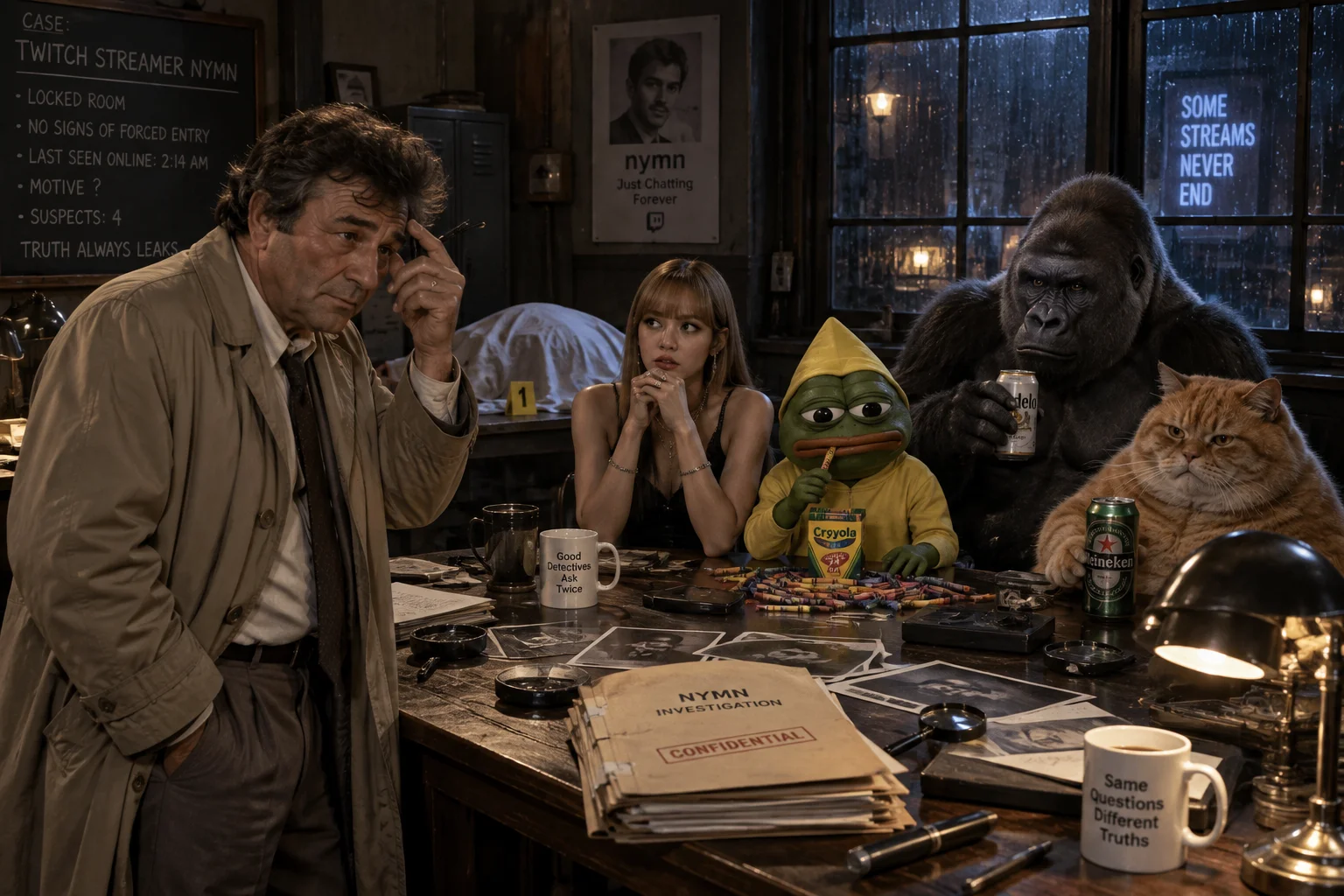 Detective Colombo questions four suspicious suspects in a dim office while investigating the non-graphic death of a streamer.