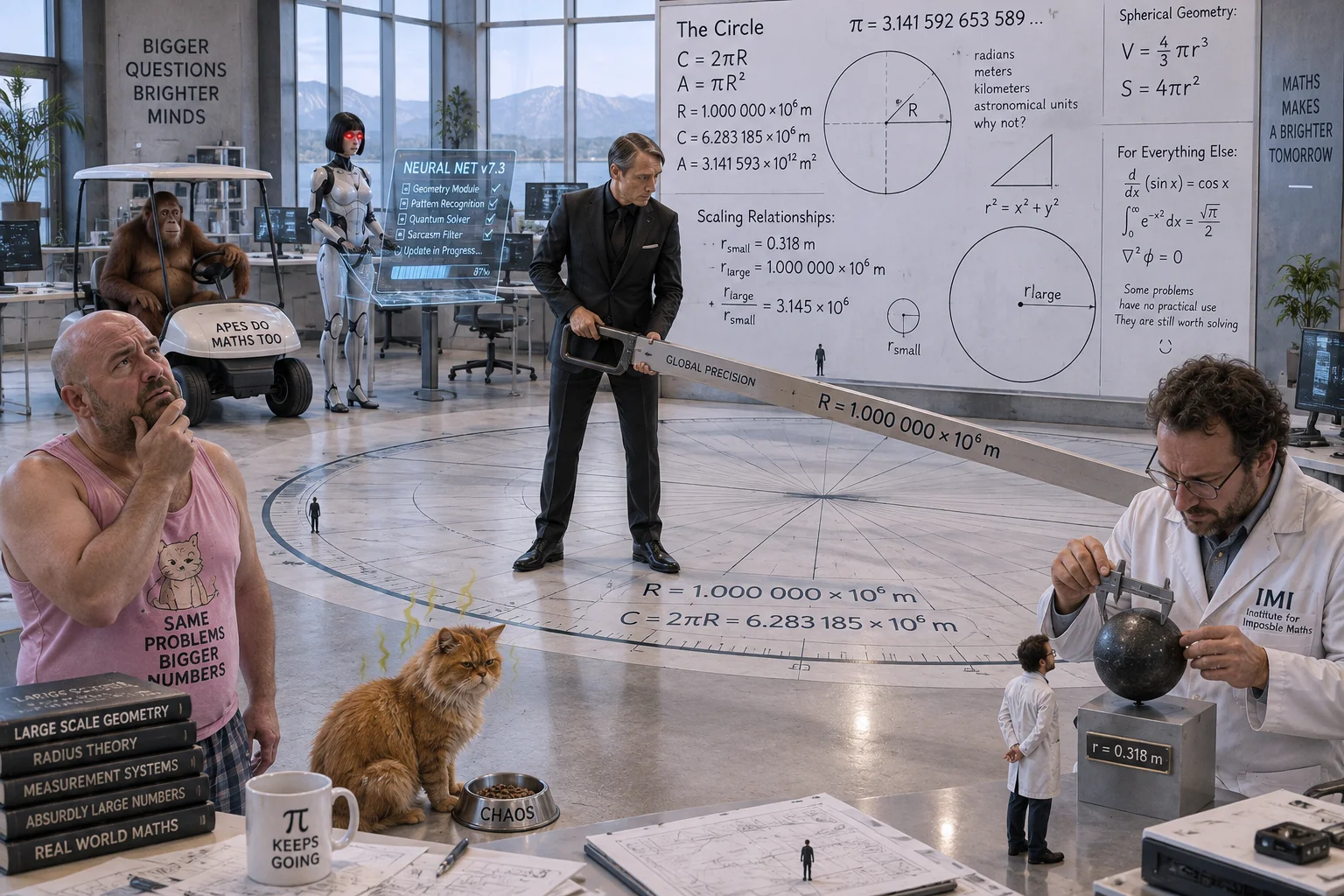 A bald mathematician measures the enormous radius of a floor-sized circle in a bright laboratory while confused onlookers, an orange cat, and a testing android watch.