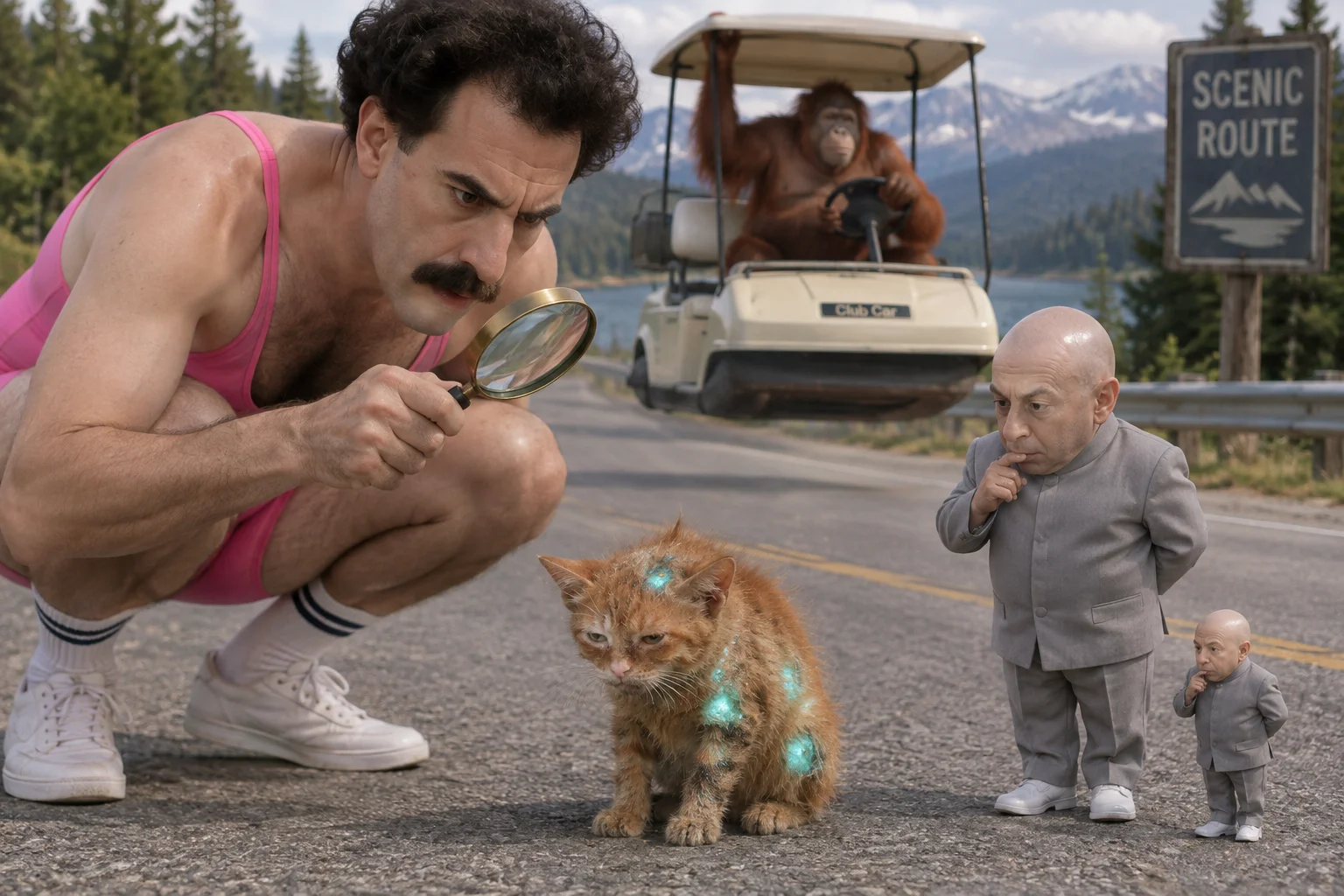 A tiny infected orange cat is inspected by a bald man in a pink singlet while a miniature Dr. Evil-like figure watches and a wheel-less golf cart driven by an orangutan passes behind them.