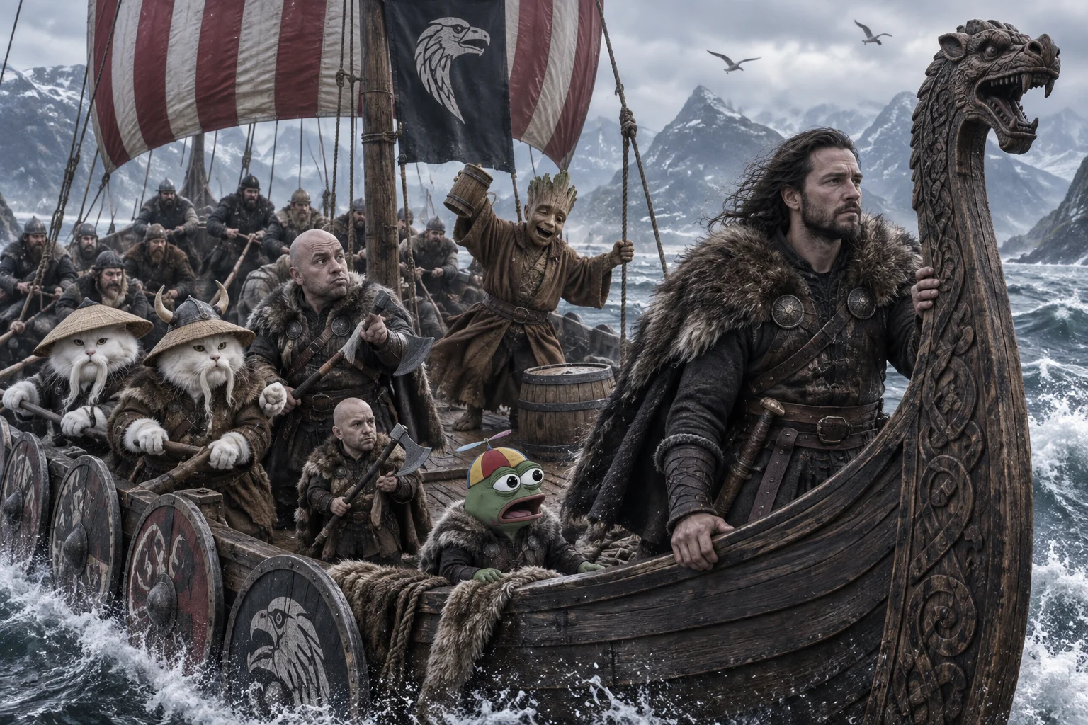 A pensive sailor guides a Viking longship through stormy northern seas while costumed animal and humanoid crew members bustle comically across the wet wooden deck.