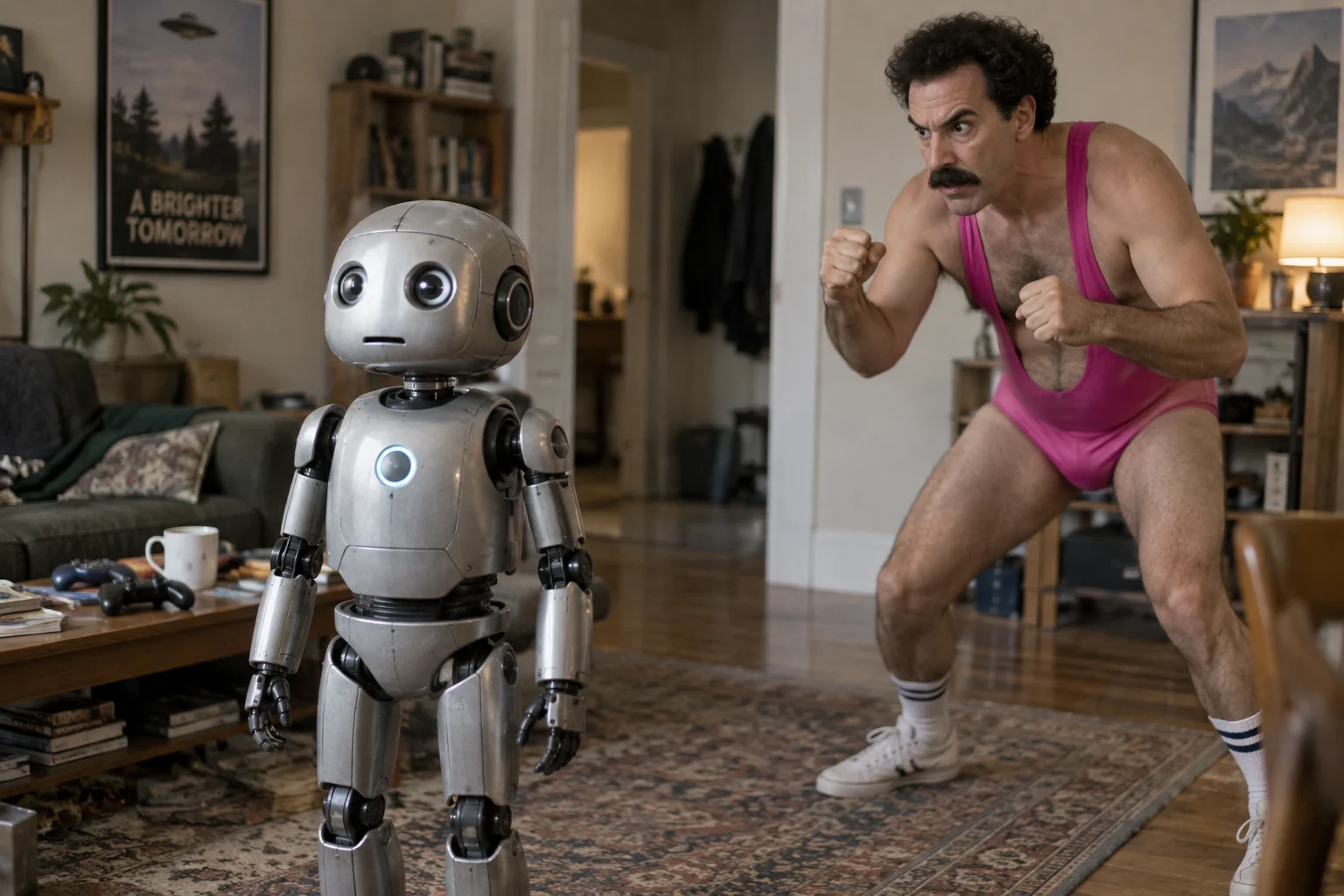 A small gray robot stares pensively into the distance while a bald man in a pink singlet awkwardly tries to fight it in a quiet room.