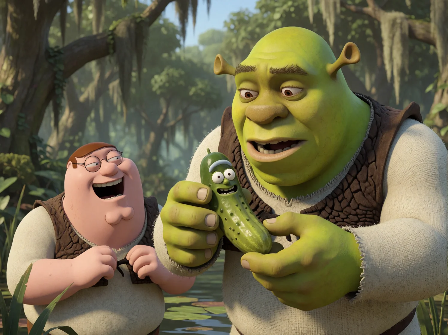 A cartoon ogre anxiously holds an ant-covered pickle poking from his pocket in a lush swamp while a laughing friend doubles over behind him.