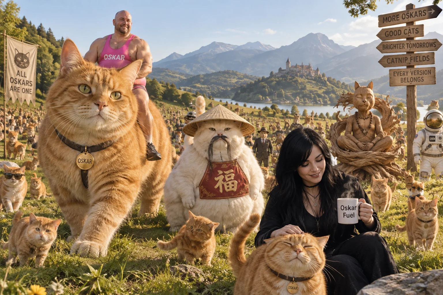 A surreal meadow teems with countless Oskar incarnations, including giant orange cats, a rider, a tea-drinking petter, and whimsical humanoid versions.