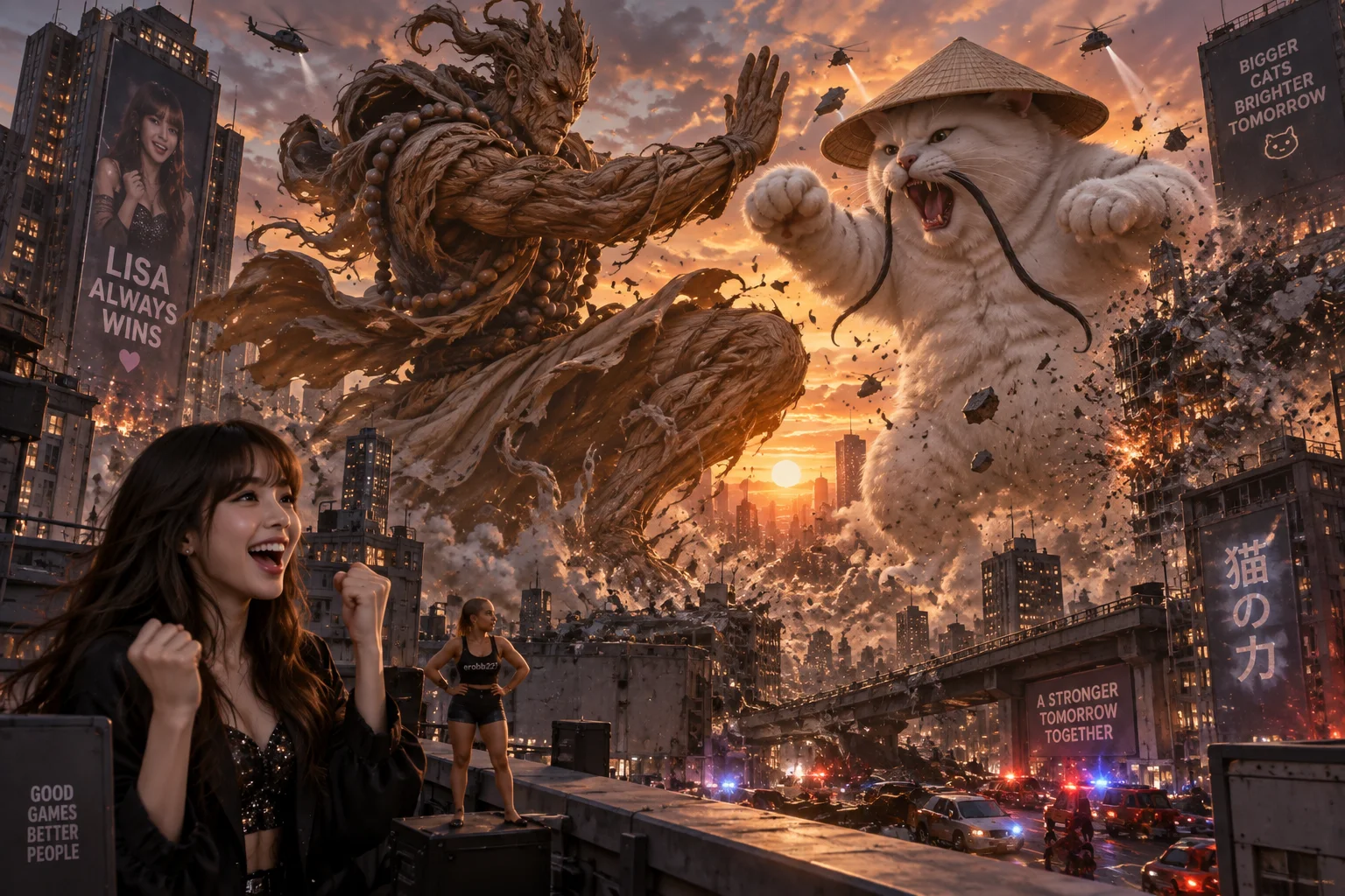 Two colossal kaiju—a woody swirling monk and a moustached white cat—battle among skyscrapers while a pop-star-like woman and a tiny female observer cheer from a rooftop.